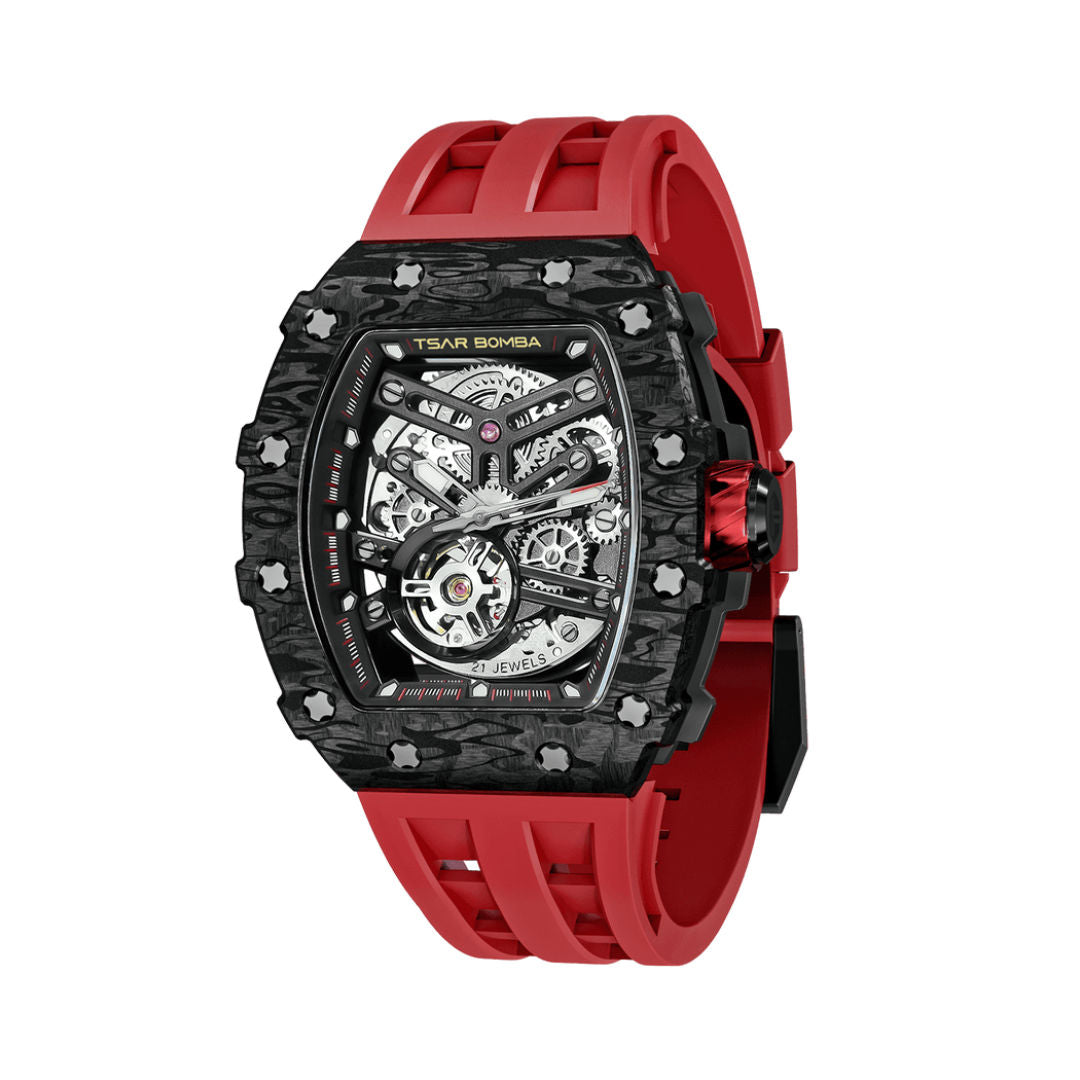 TSAR Bomba Men's Elemental Carbon Fiber Automatic Black Case Red Silicon Watch
