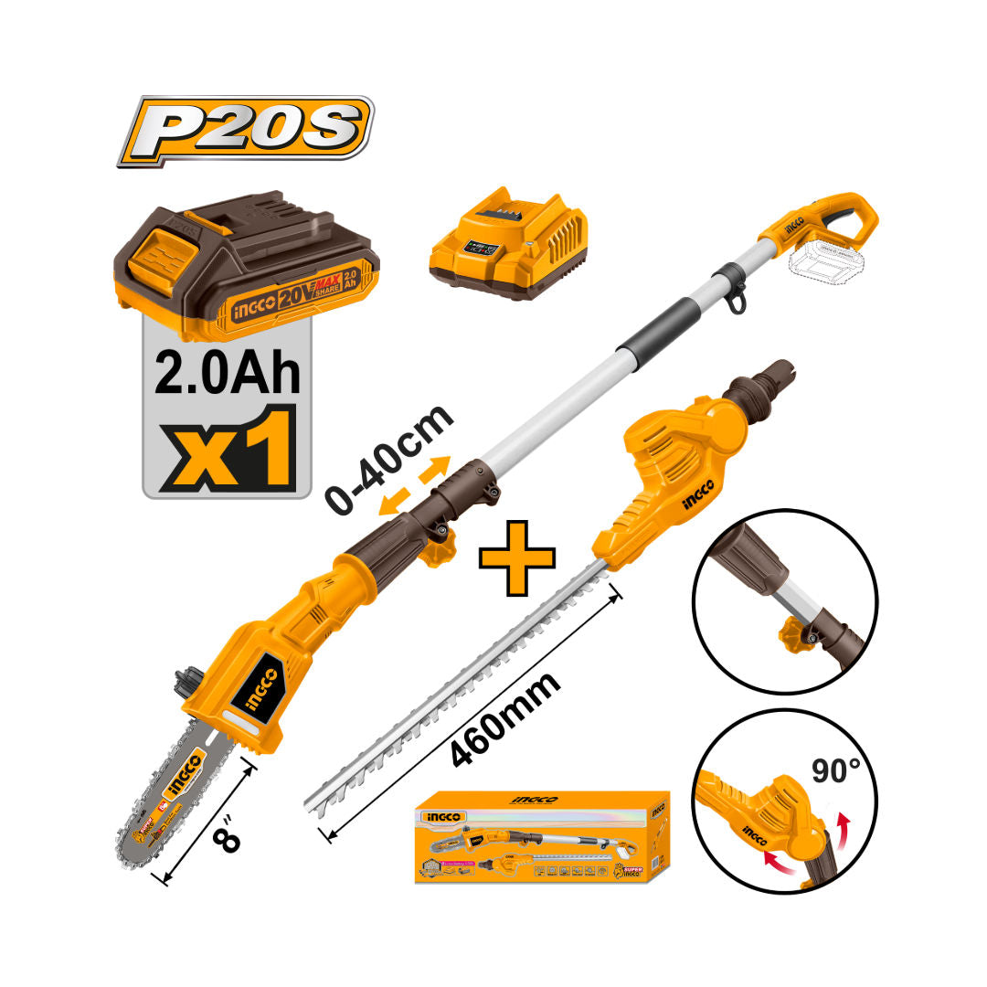 INGCO 20V Cordless Pole Saw & Pole Hedge Trimmer Combo Kit, 8″ Bar, 460 mm Blade, 2.4 m Reach, Battery & Charger