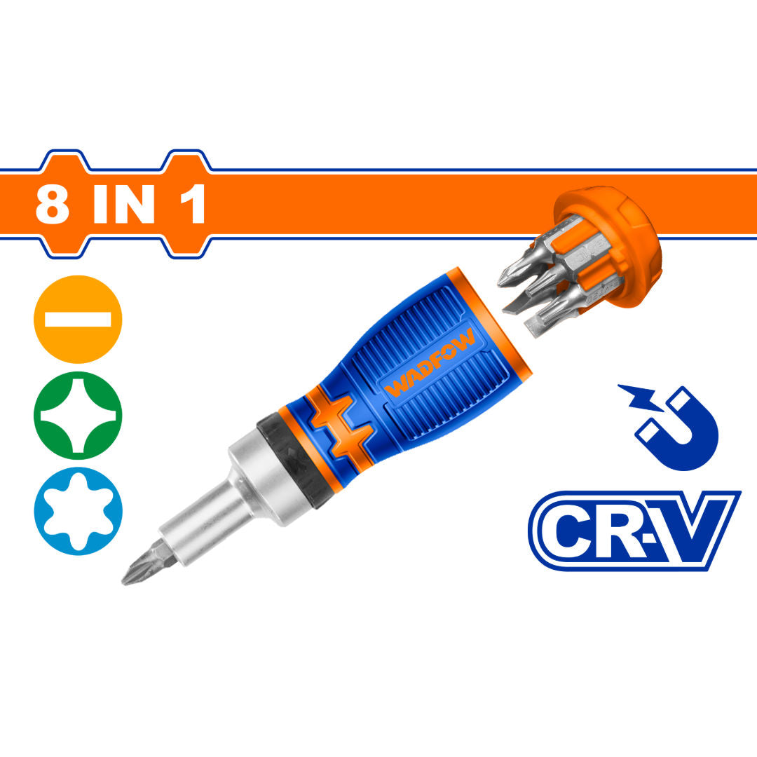 WADFOW 8-in-1 Stubby Ratchet Screwdriver Set, Cr-V Handle with 7 Bits, SL/PH/Torx