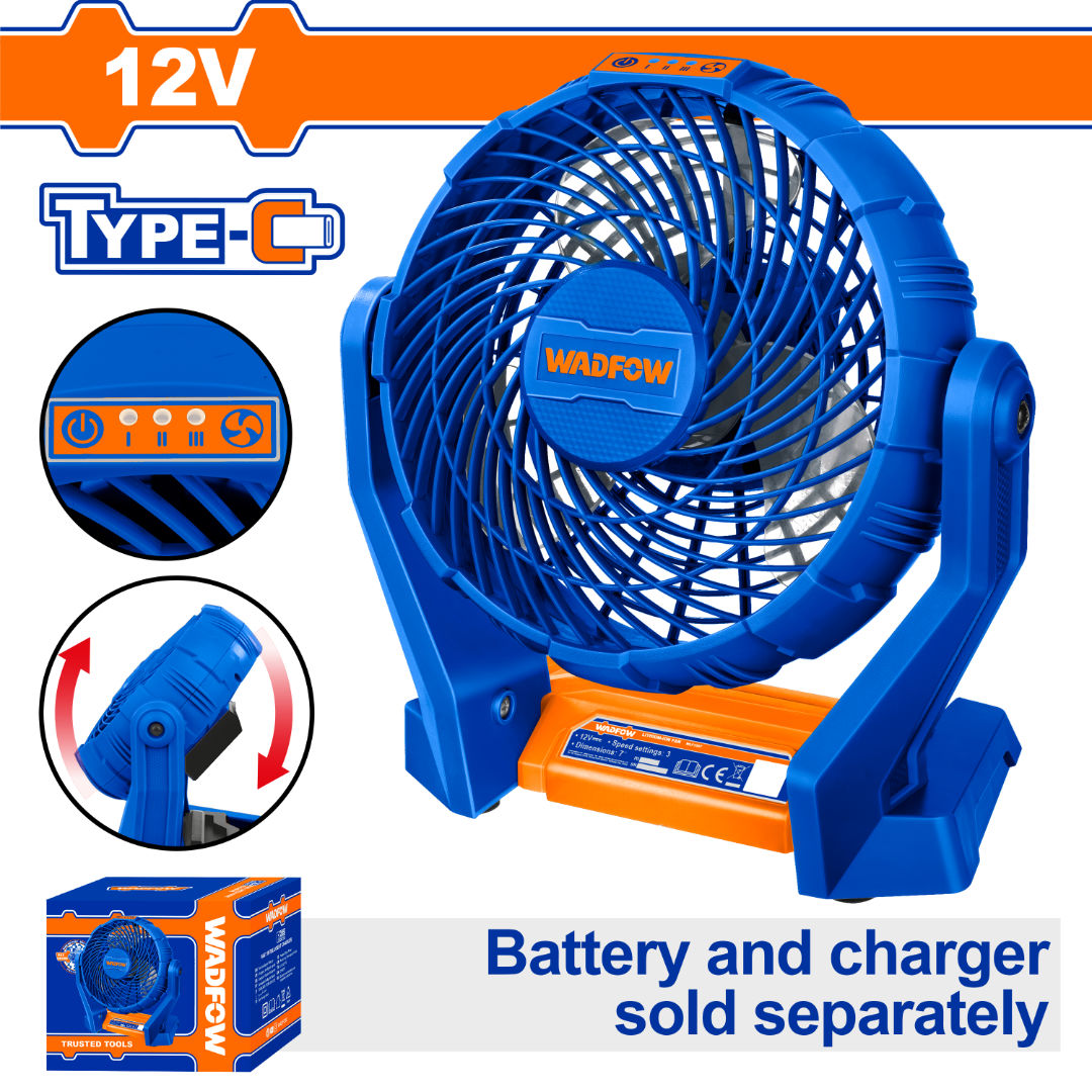 WADFOW Cordless Fan 12V, 7″ Portable Cooling Tool, Battery & Charger Sold Separately)