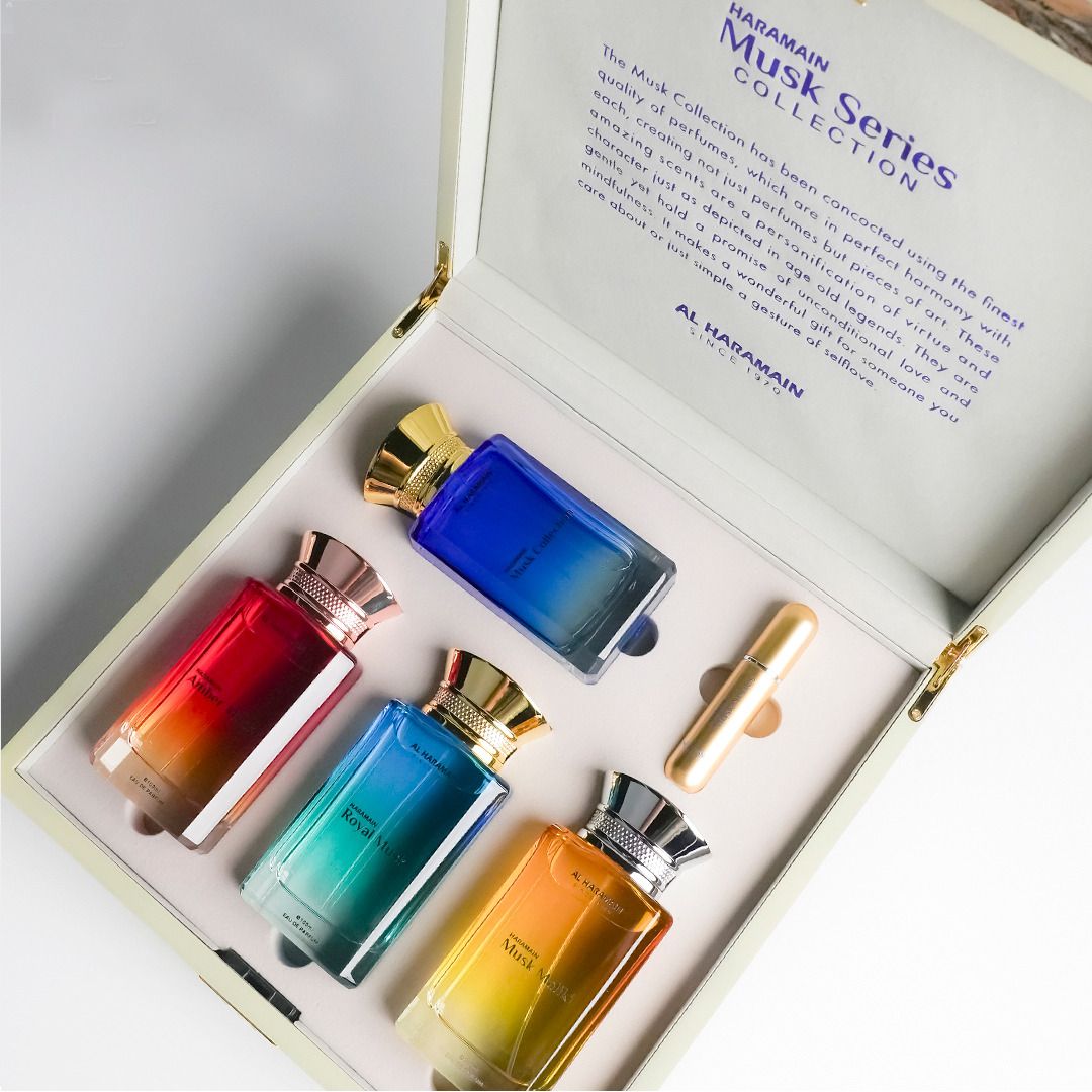 مجموعة هدايا "الحرمين" من عطر المسك، 4 زجاجات عطر برائحة المسك سعة 100 مل، مجموعة عطور فاخرة للجنسين