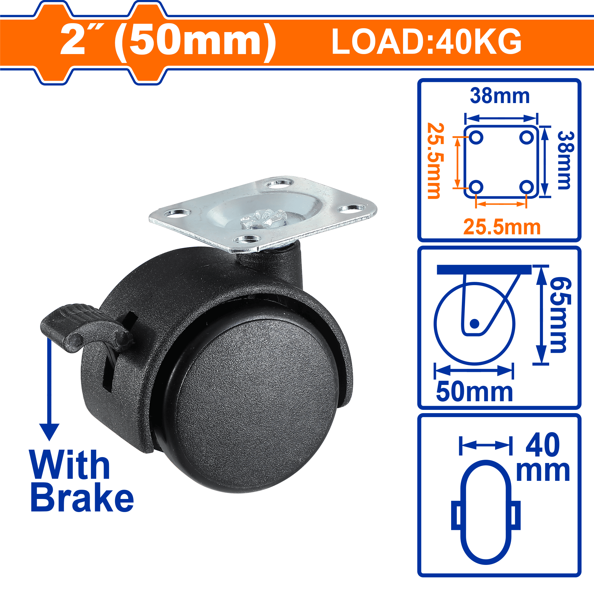 عجلات نايلون WADFOW، مادة PA شديدة التحمل، خيارات تركيب متعددة، مع/بدون فرامل
