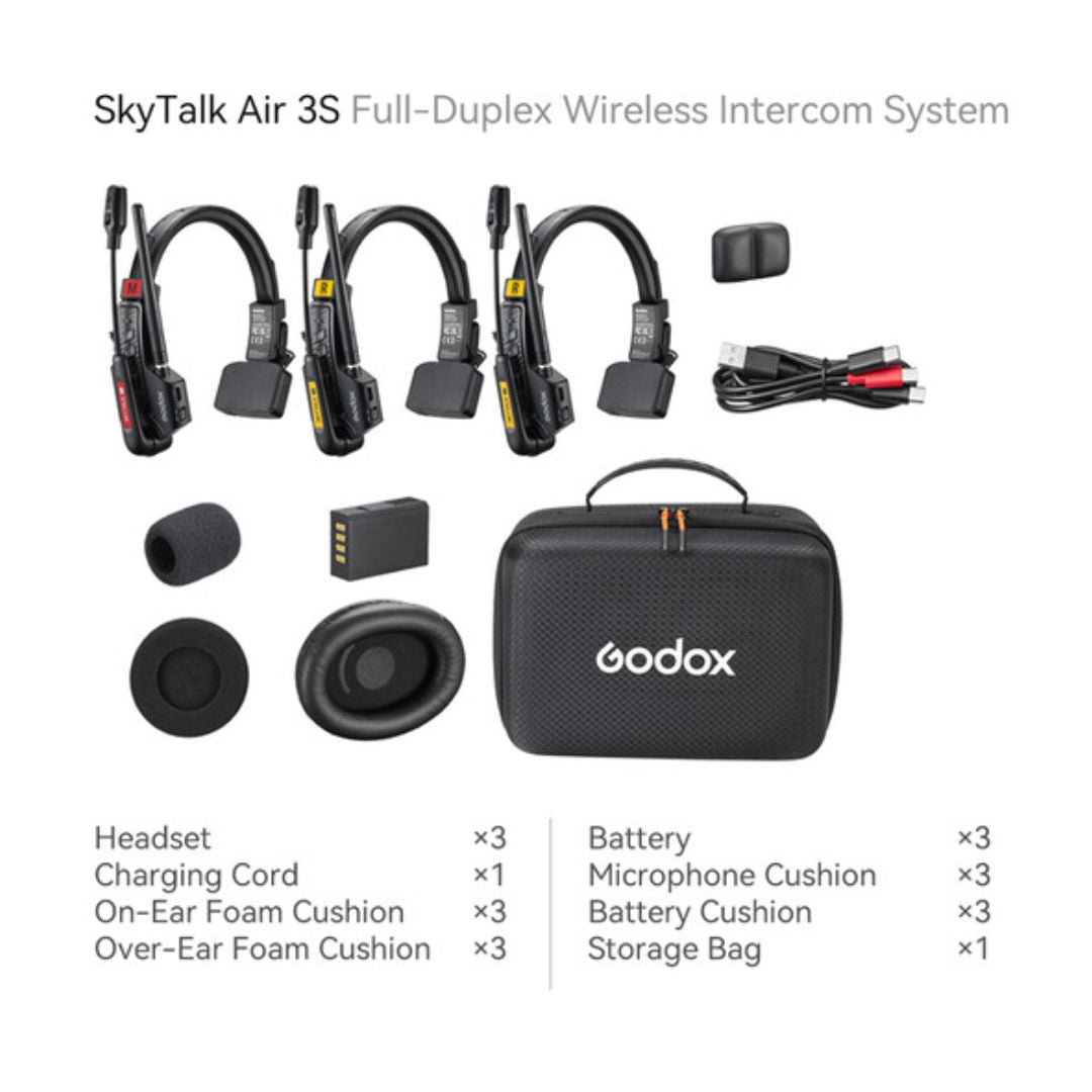Godox SkyTalk Air 3S 3-Person Full-Duplex Wireless Intercom Headset System, 2.4 GHz