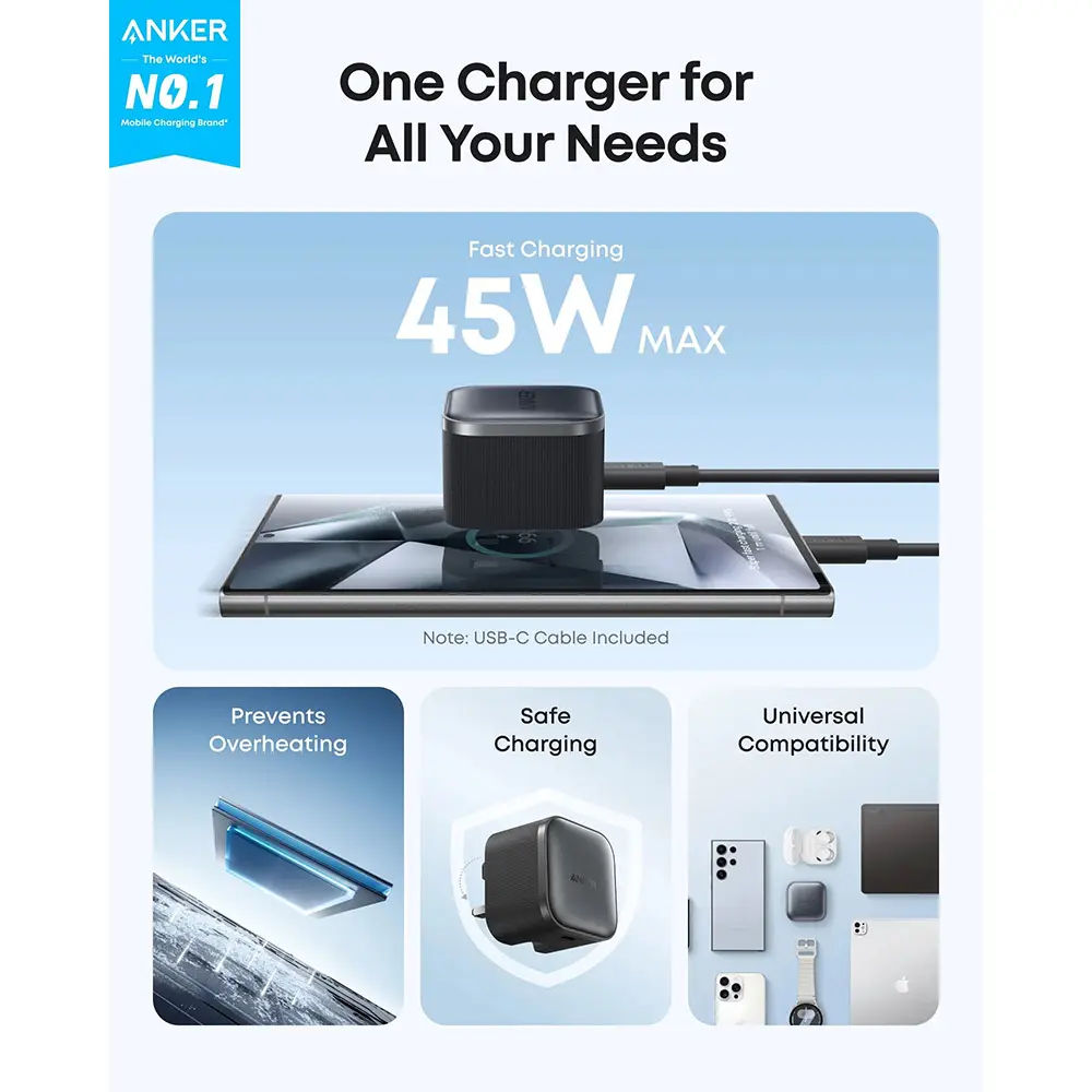 شاحن Anker Nano 45 واط USB-C، شاحن سريع صغير الحجم بتقنية GaN مزود بخدمة Power Delivery، أسود