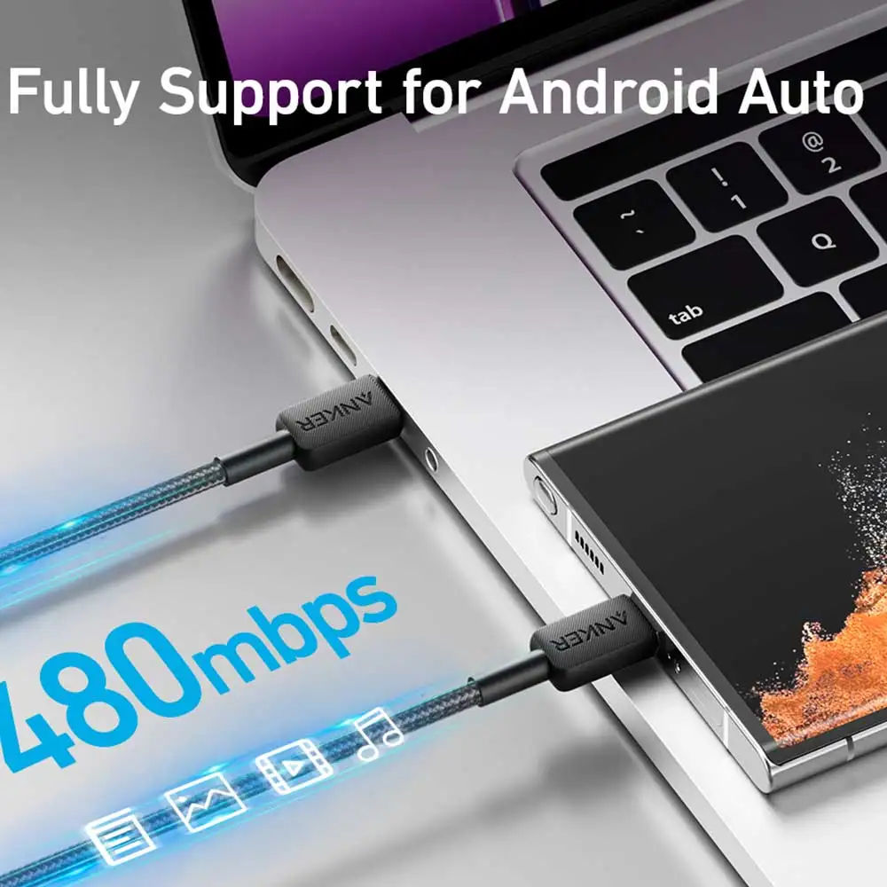 كابل Anker 322 من USB-C إلى USB-C للشحن السريع، مضفر، أسود