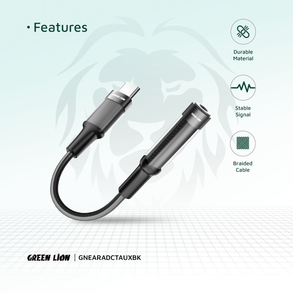 Green Lion USB-C to 3.5mm AUX Earphone Adapter, 12CM, Durable Braided, Black