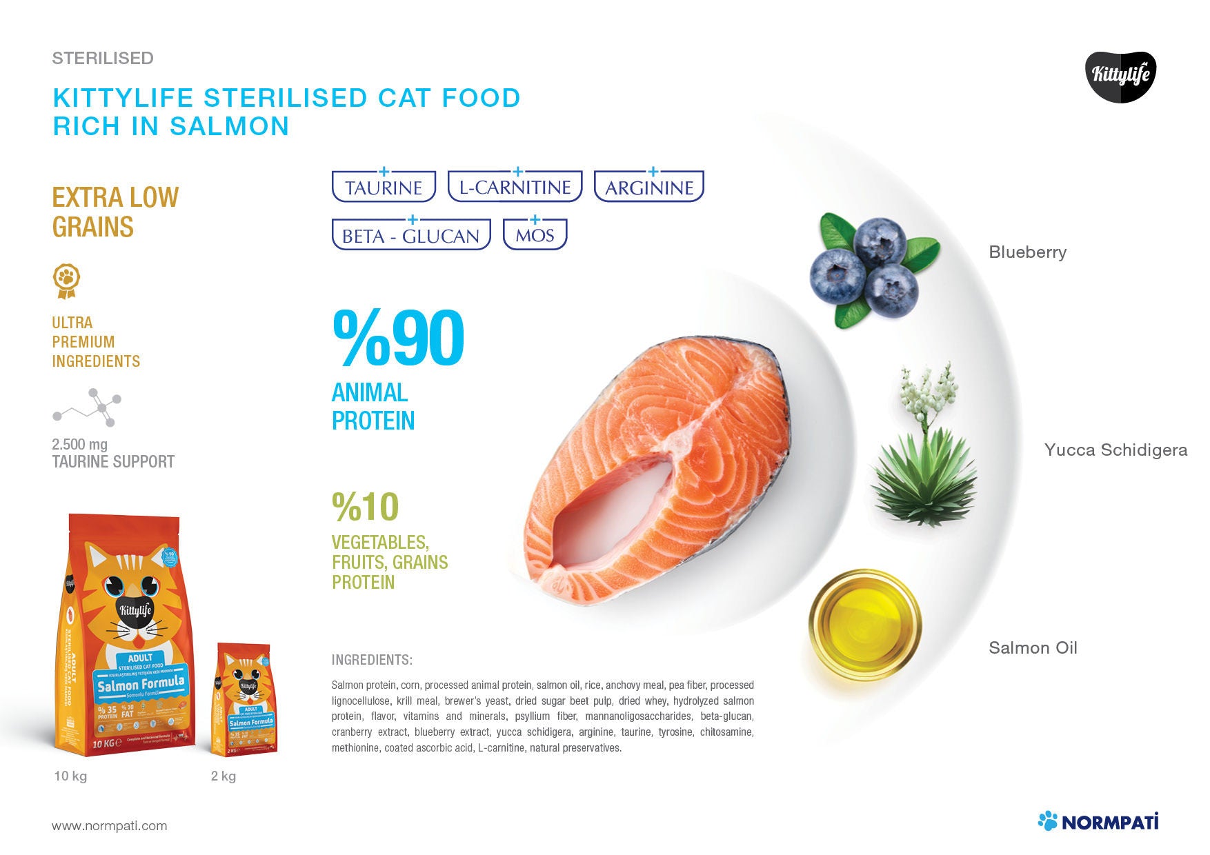 KittyLife Premium Sterilised Adult Dry Cat Food with Salmon, Weight Control, Shiny Coat, Immune Support & Digestive Care