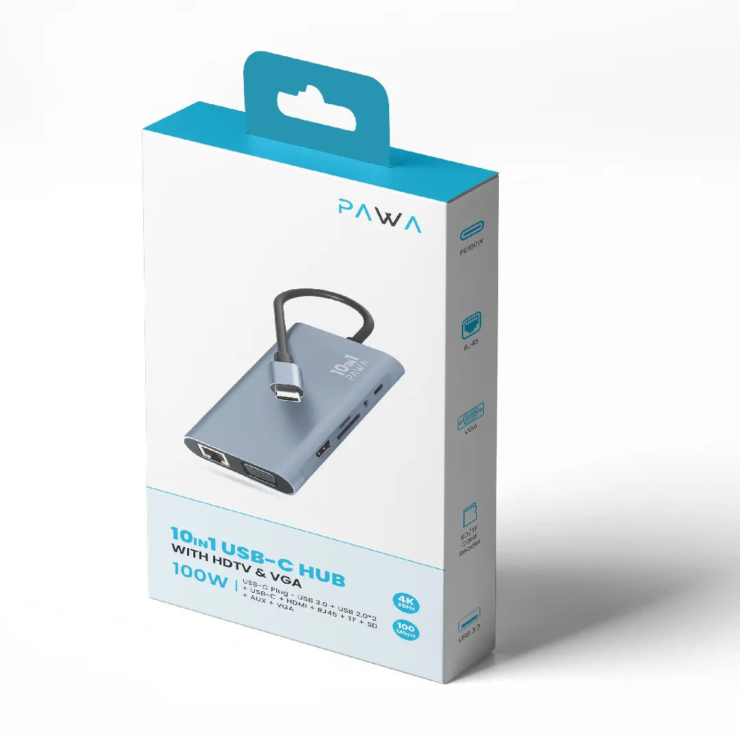 Pawa 10 In 1 USB Type-C Hub With HDTV & VGA, Grey