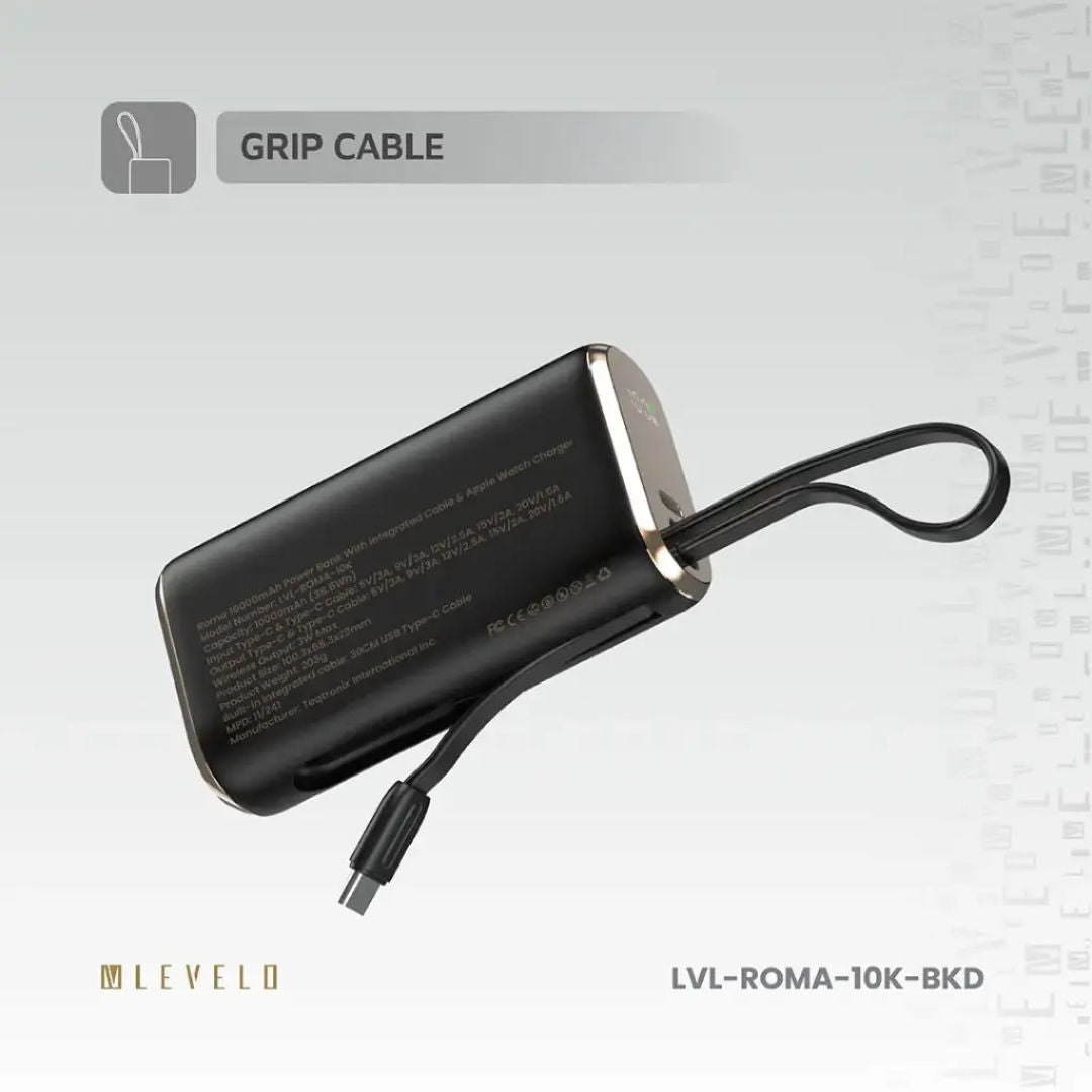 Levelo Roma 10000mAh Power Bank With Integrated Cable & Apple Watch Charger, Fast Charging