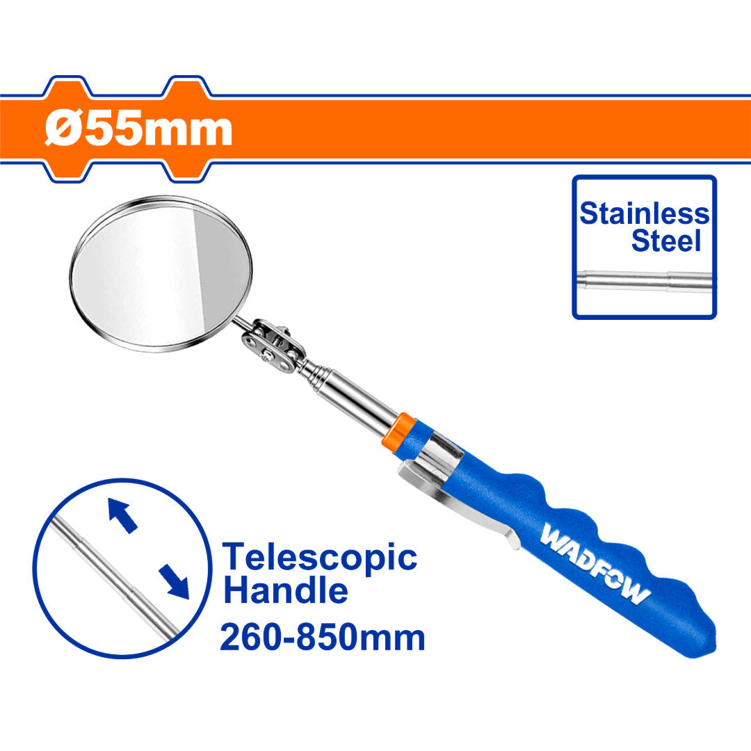 WADFOW Telescoping Inspection Mirror, 260-850 mm, Ø55 mm, Stainless Steel Body