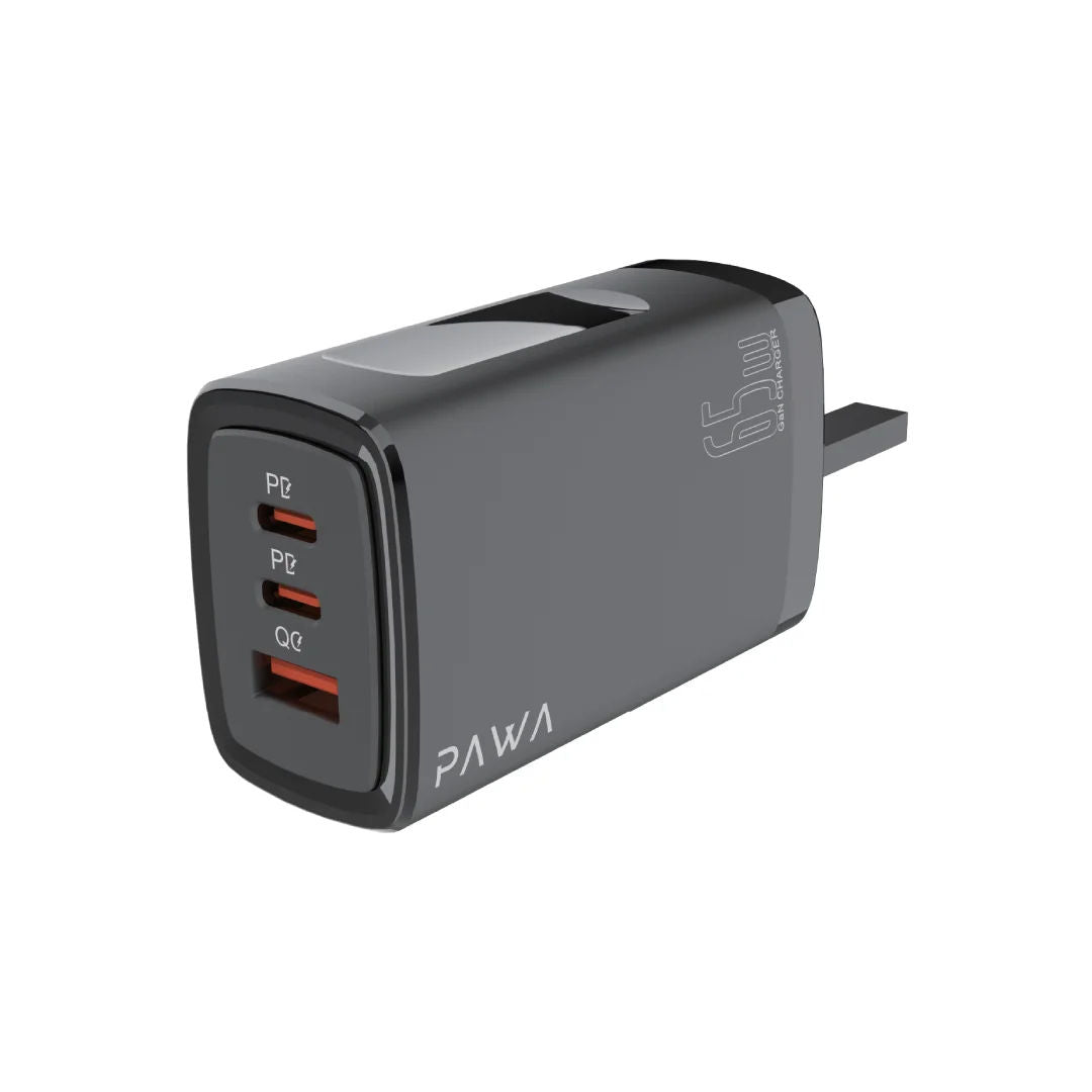 Pawa Solid Travel Charger Dual PD & QC Port GaN 65W UK Standard, Black