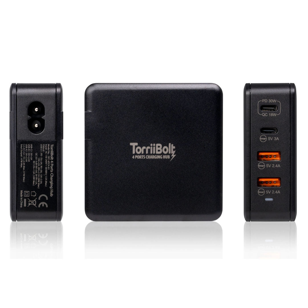 محور شحن Torrii Bolt ذو 4 منافذ مع USB-PD و QC 3.0، أسود، TBT-4PCH-01