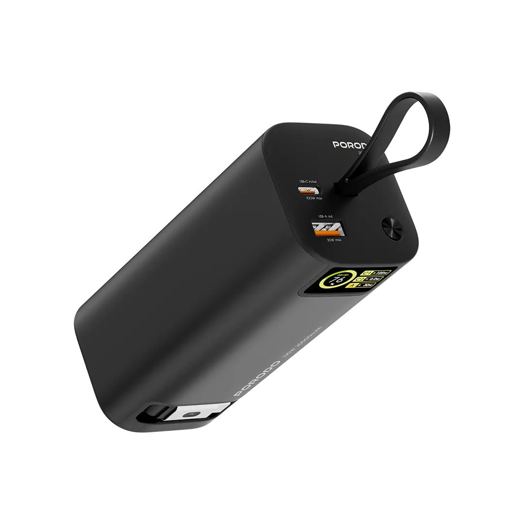 Porodo 20000mAh 130W Power Bank with 1m Retractable Type-C Cable, 100W PD Fast Charging, Black