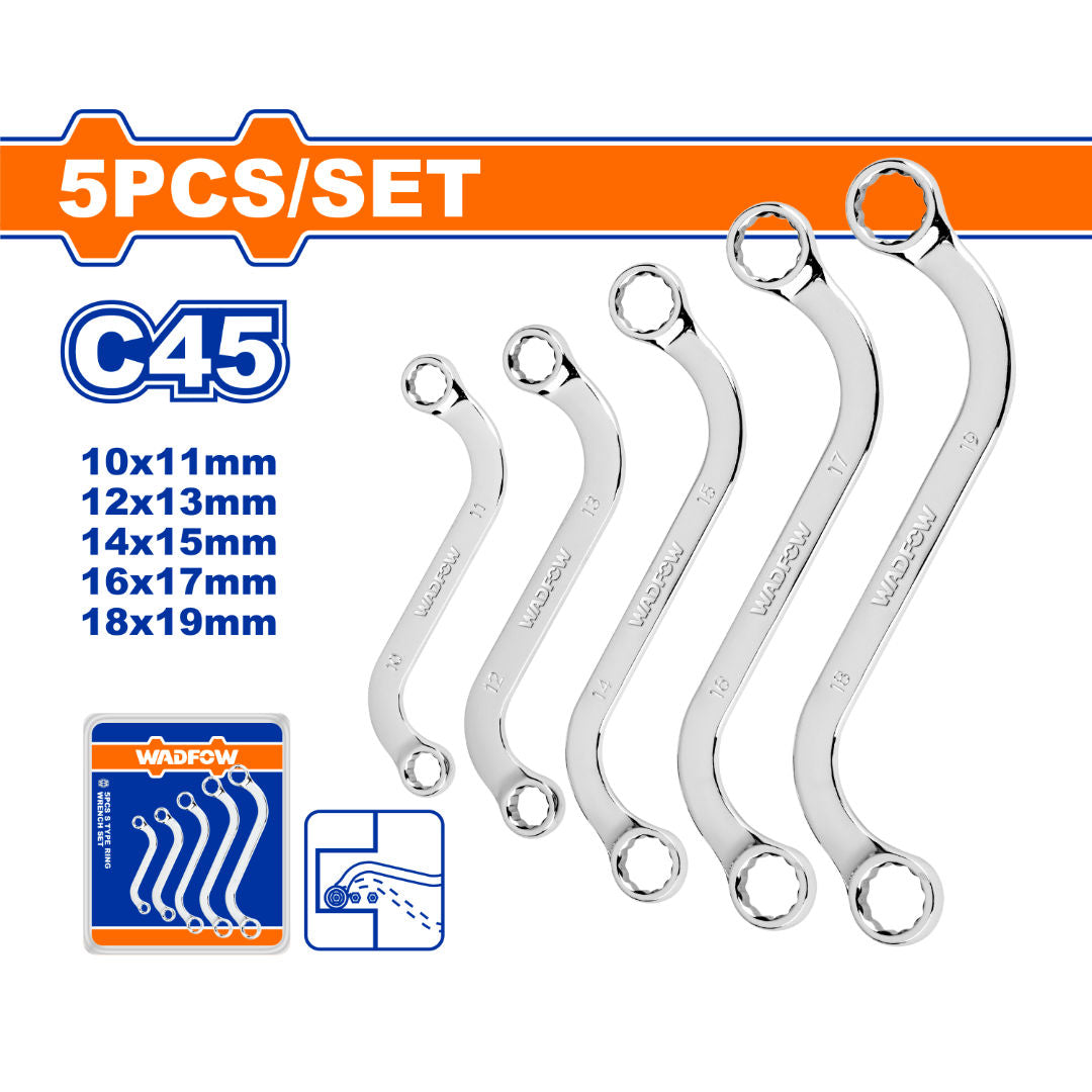 WADFOW 5-Piece S-Type Ring Wrench Set, 10×11 to 18×19 mm, 45 Carbon Steel, Fine Polished, Double Blister