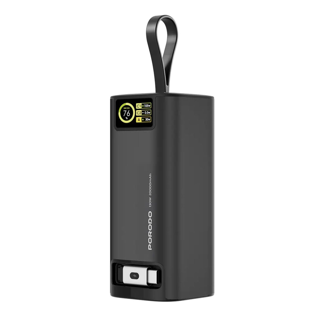 Porodo 20000mAh 130W Power Bank with 1m Retractable Type-C Cable, 100W PD Fast Charging, Black