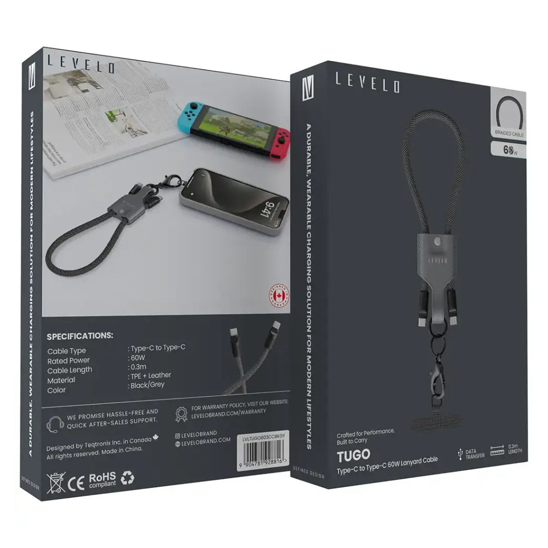 Levelo Tugo Type C to Type C 60W Lanyard Cable, Gray