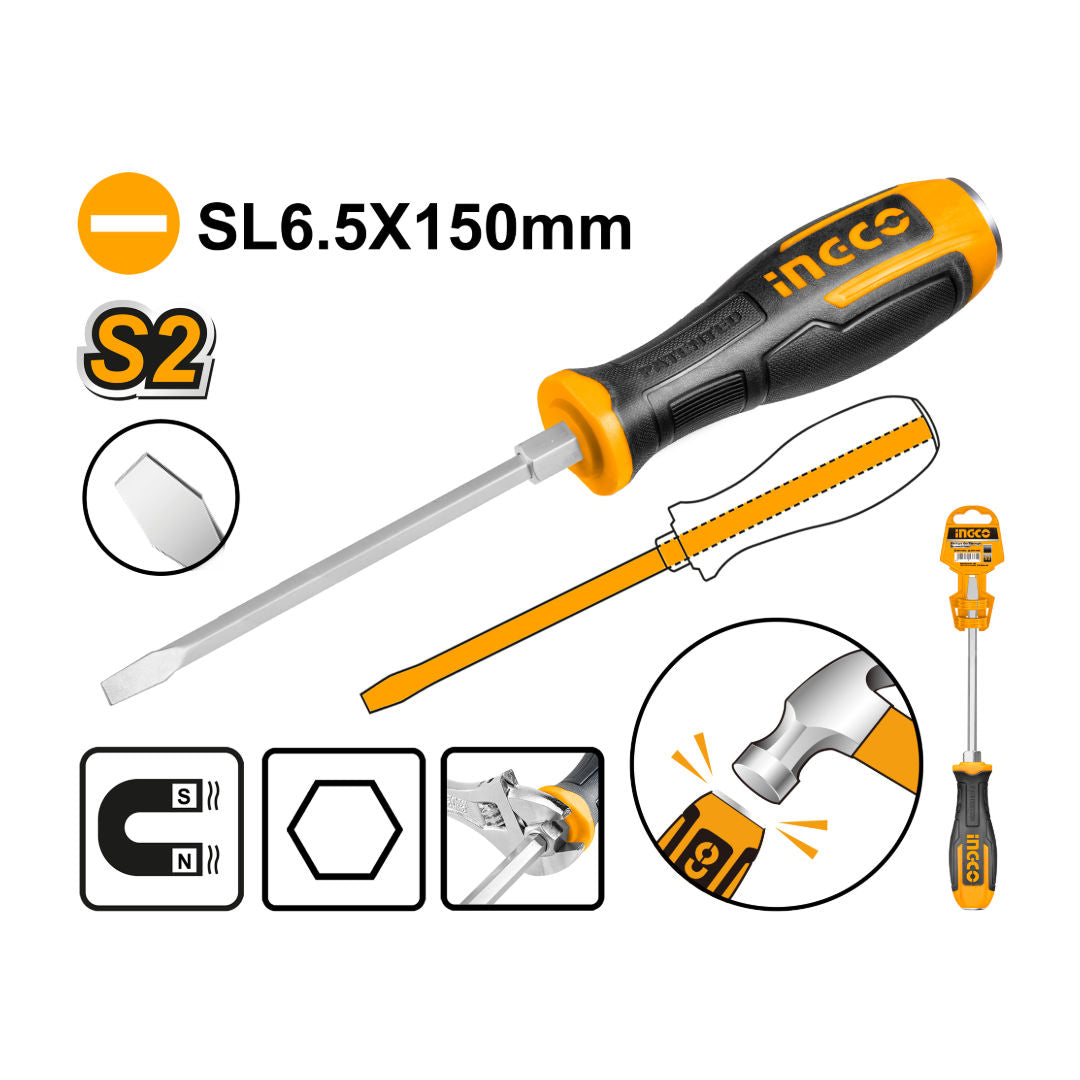 INGCO Slotted Go-Through Screwdriver, size 6.0 x 150 mm