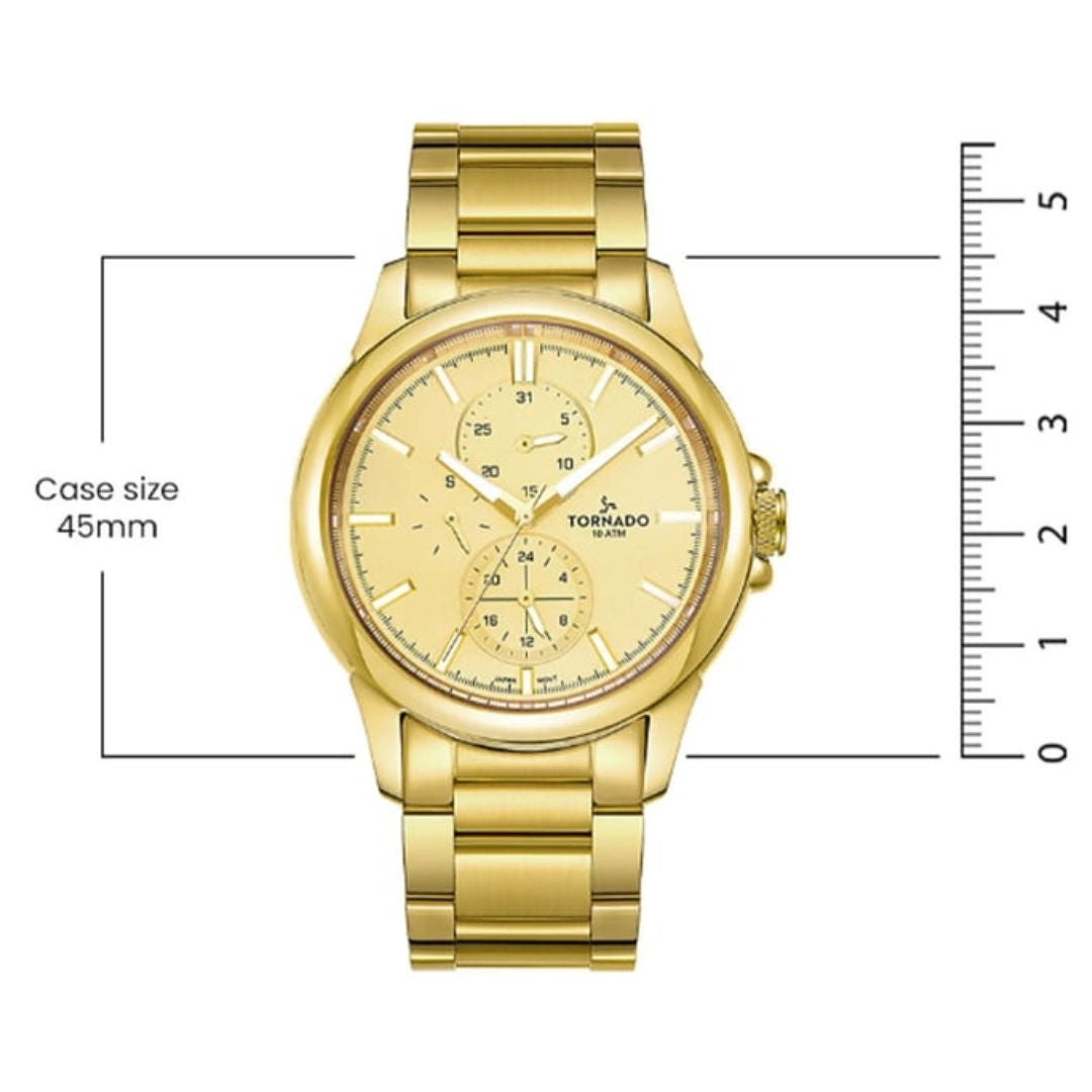 TORNADO Celestia Elite Men's Japanese Quartz Stainless Steel Gold Strap Watch