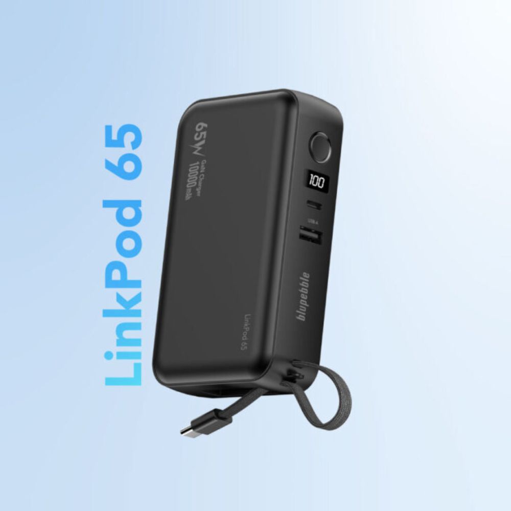 Blupebble LinkPod 65 10000mAh Power Bank & 65W Fast Charger with Retractable Type-C Cable, Black