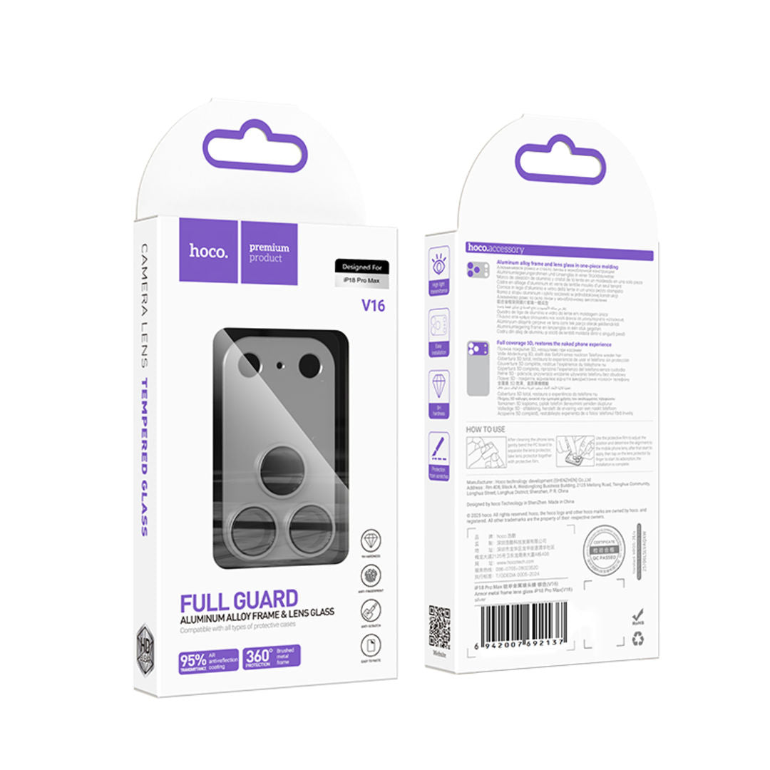 Hoco V16 Armor Metal Integrated Lens Glass for iPhone 18 Pro Max, 3D Full Coverage, Aluminum Alloy Protection