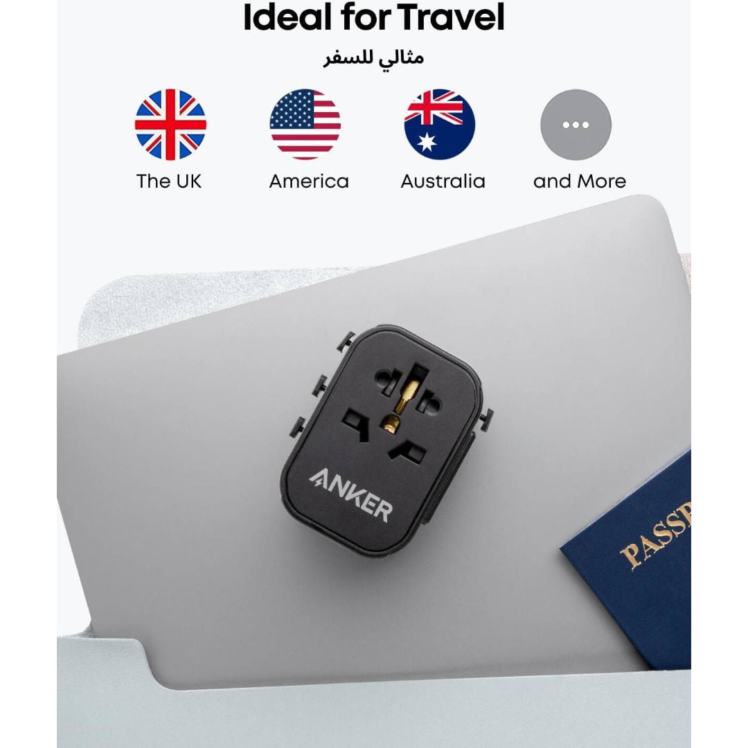 Anker 312 Outlet PowerExtend USB-C Travel Adapter, 30W, 4-in-1 with Universal Plugs, Black