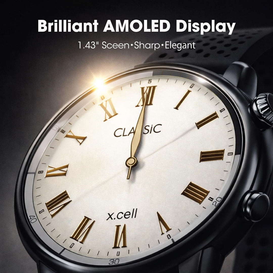 Xcell Classic7 Smartwatch with 2 Strap for Men & Women 1.43inch AMOLED Roman Dial, Bluetooth Calling, Heart Rate & SpO2 Wellness Tracking, Black