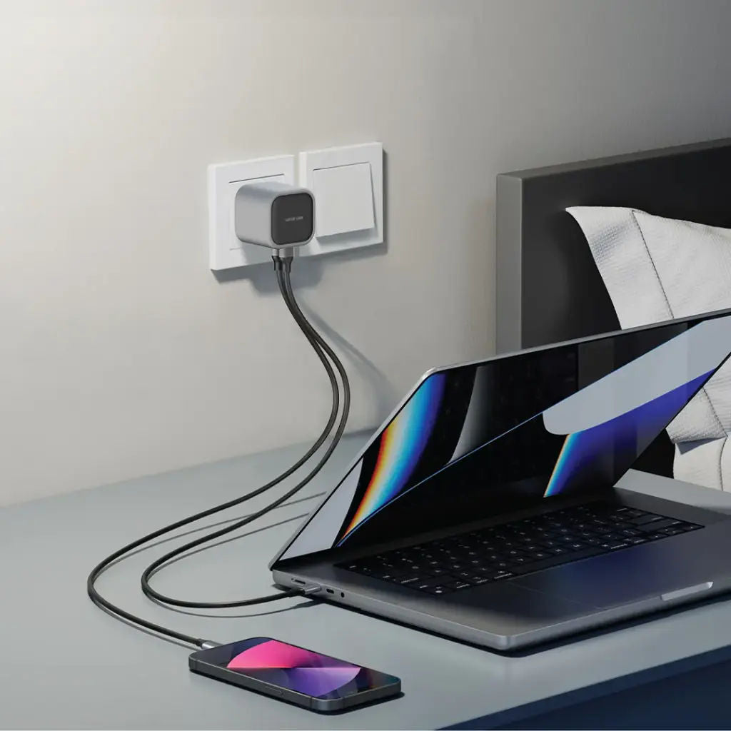 Green Lion GaN Fast Charger 65W with USB-C Port & Retractable Cable, Dual Output, Grey