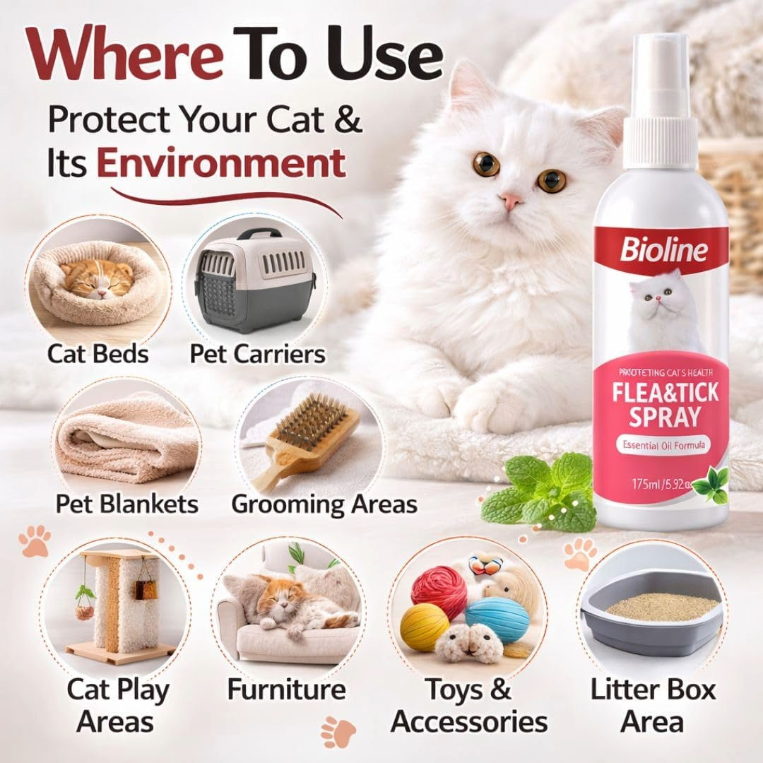 Bioline Flea & Tick Spray For Cats With Natural Neem Oil, 175ml