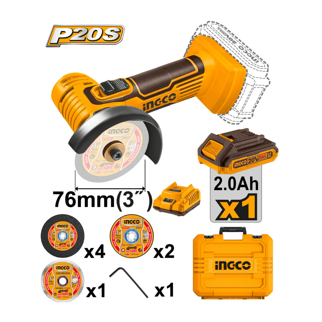 INGCO 20V Cordless Mini Cut-Off Tool Kit, 76 mm 3″ Discs, 19,500 RPM, 2.0Ah Battery, Charger & Carry Case