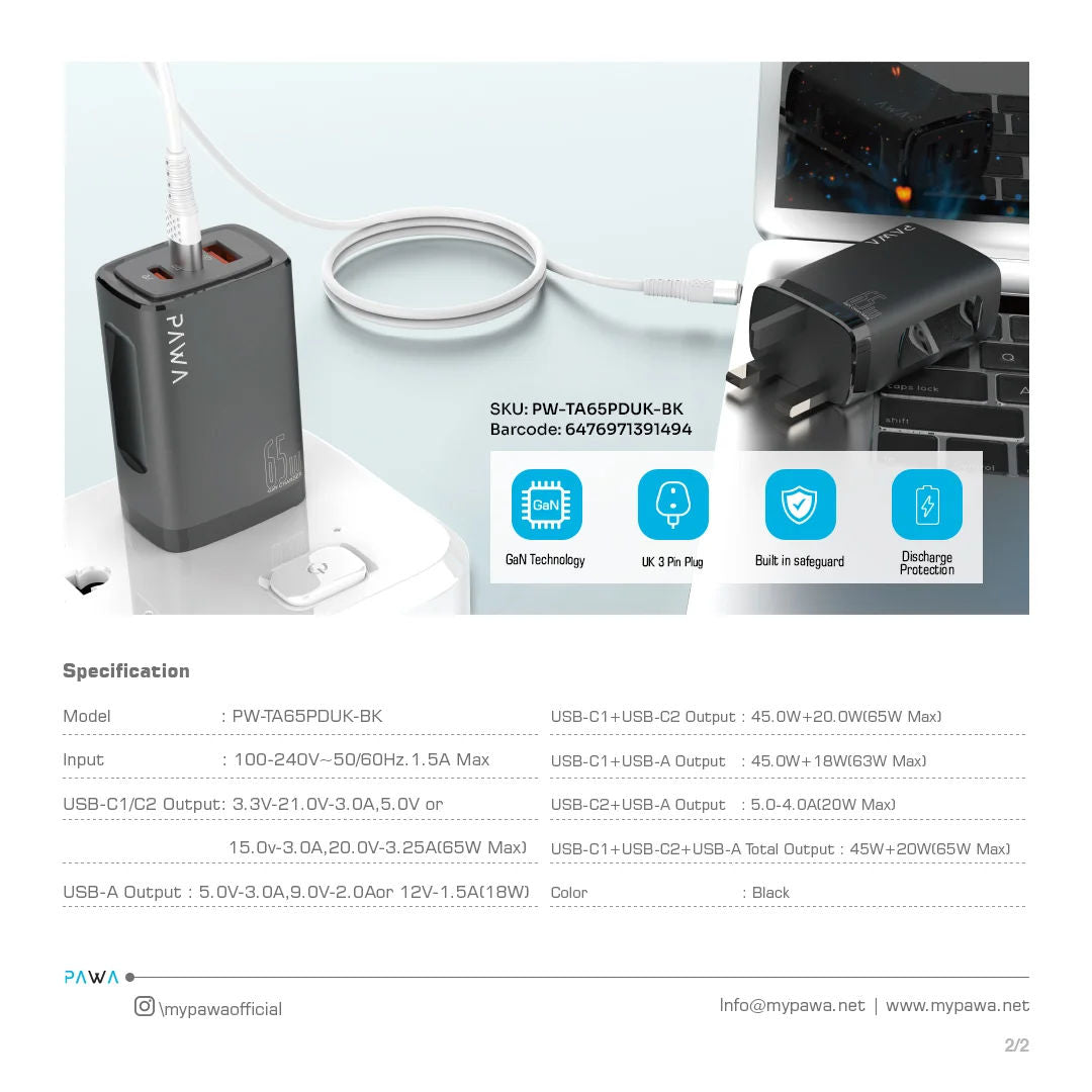 Pawa Solid Travel Charger Dual PD & QC Port GaN 65W UK Standard, Black