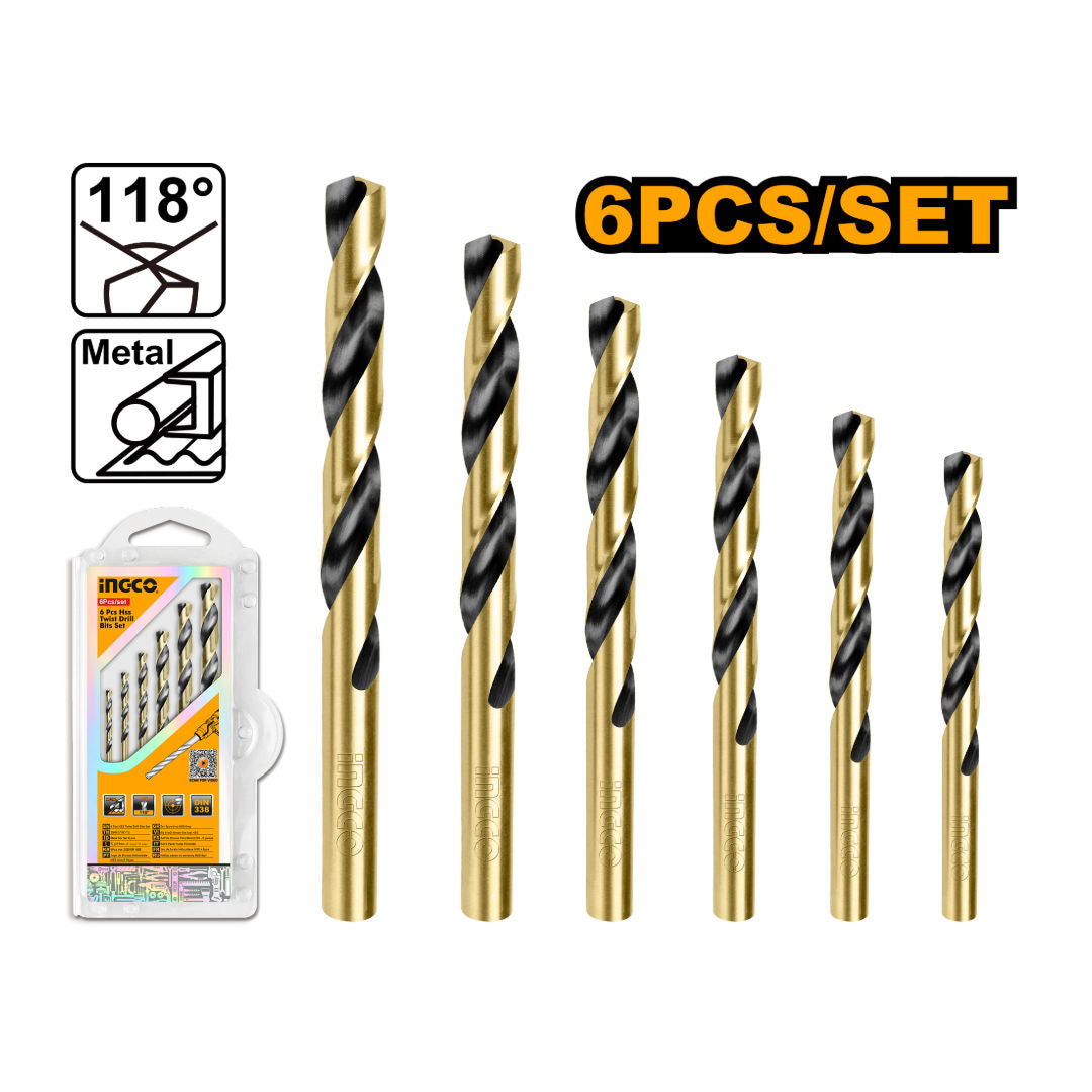 INGCO 6 Pcs HSS Twist Drill Bit Set, 2-8 mm, Double Blister Pack
