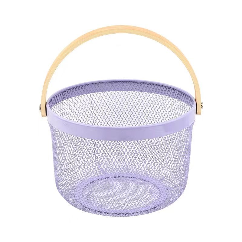 Round Wire Mesh Storage Basket with a Wooden Handle (Pink)