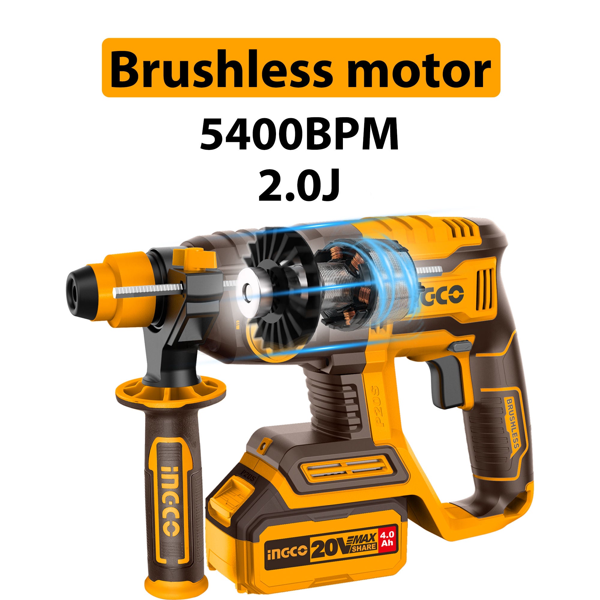 INGCO 20V Brushless Cordless Rotary Hammer Kit, 2.0 J, SDS-Plus, 4.0Ah Battery, Bits & Chisel, Carry Case