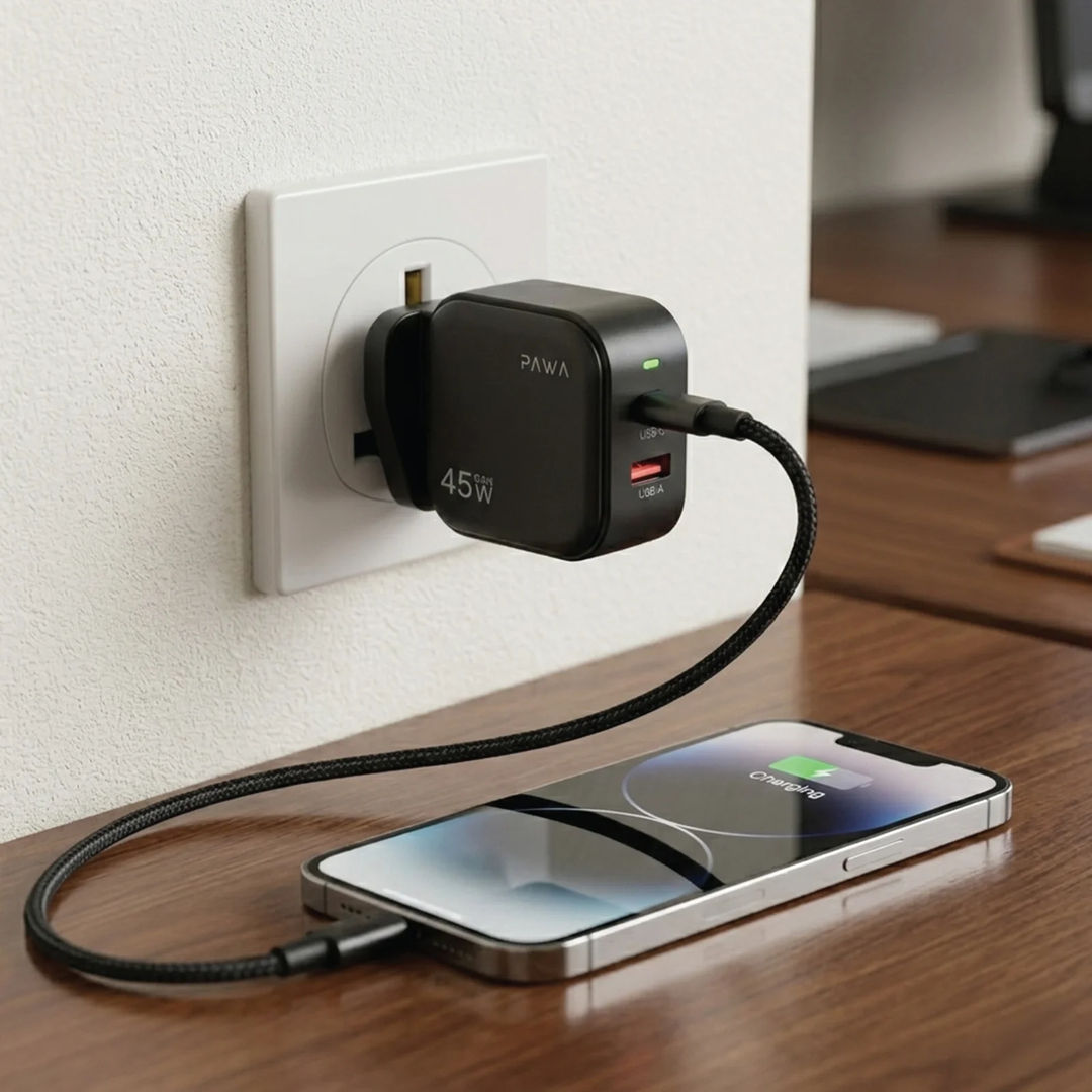 Pawa Quick Gan 45W PD+QC Adapter With USB Type-C To USB Type-C Cable, Black