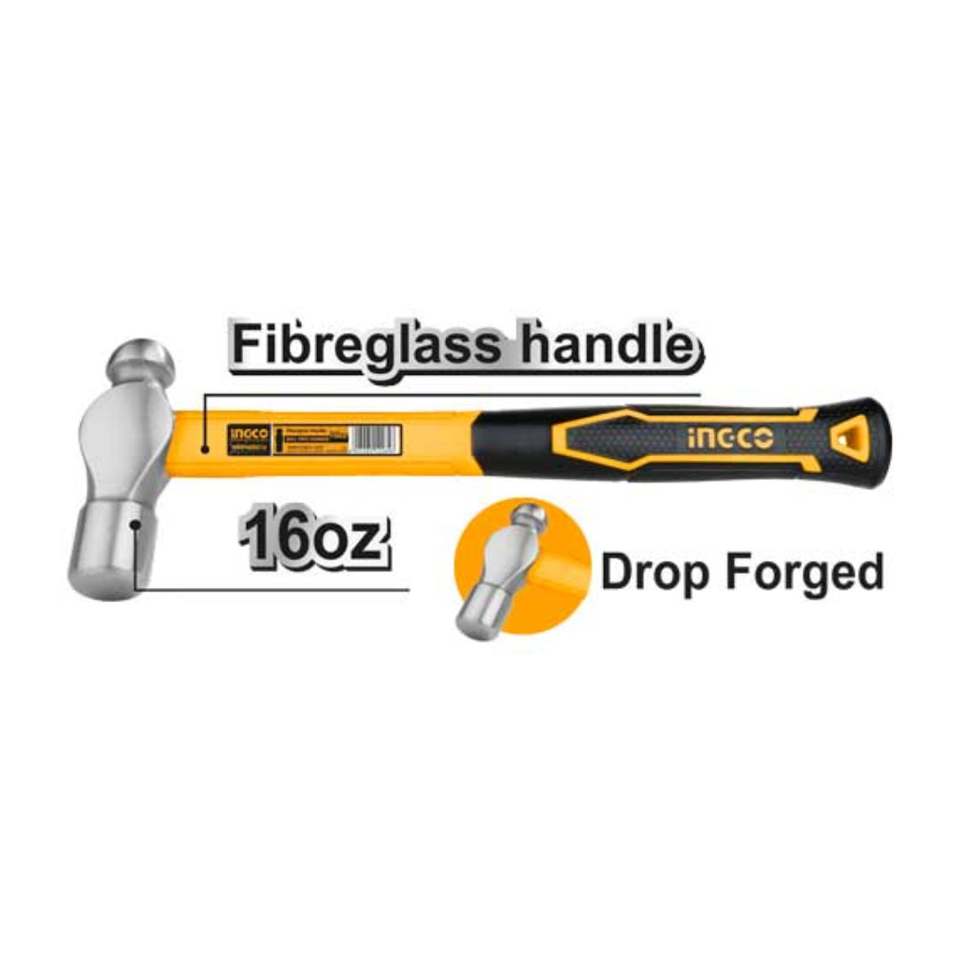 INGCO Ball Pein Hammer, 45 Steel Head, Fiberglass Handle