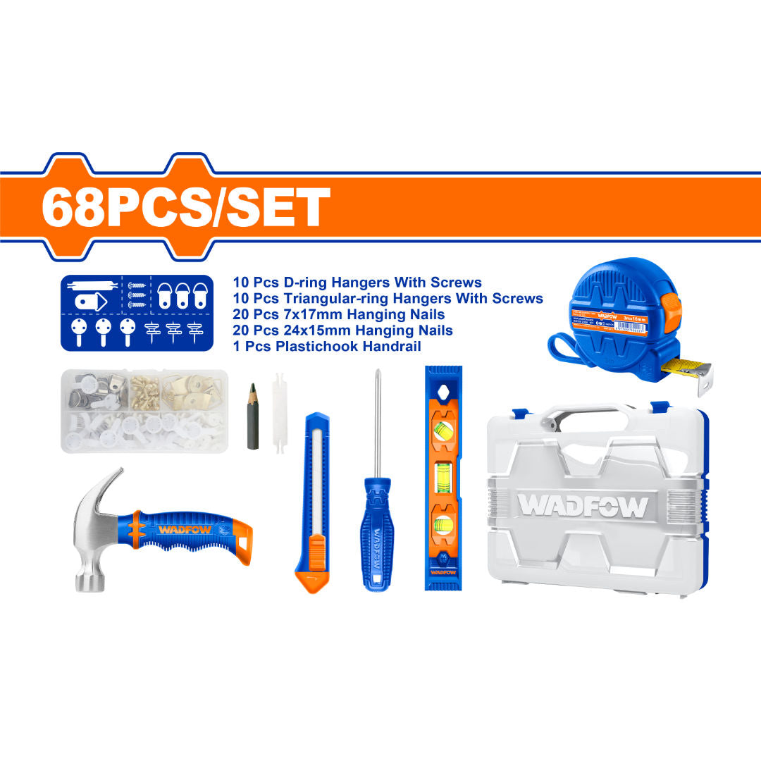 WADFOW 68-Piece Picture Hanging Tool Set, Hammer, Screwdriver, Level, Tape & Assorted Hangers with Storage Box