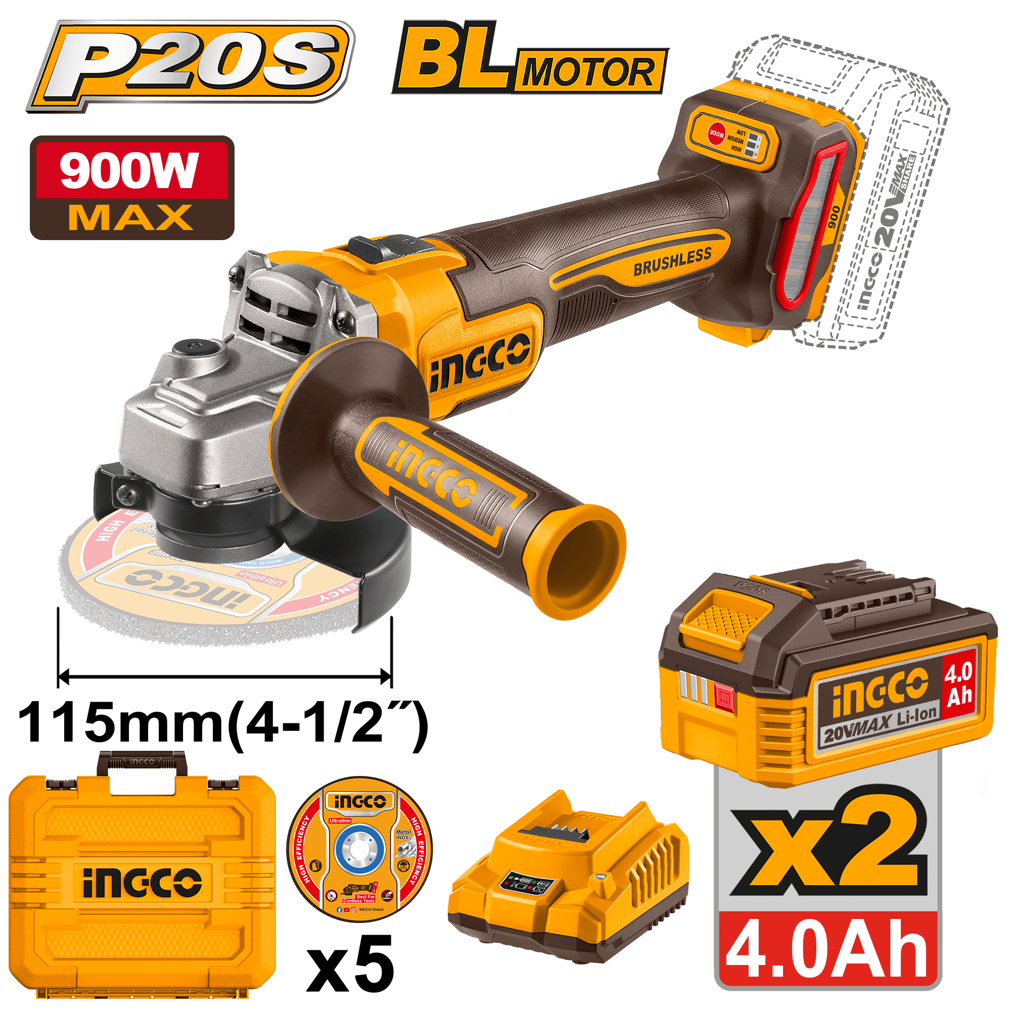 INGCO Cordless Angle Grinder 115mm 20V Brushless Compact Kit
