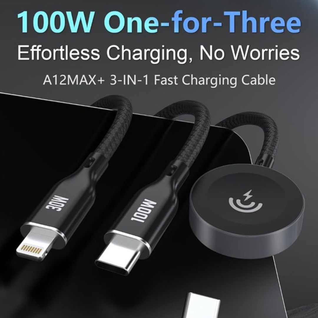 DUDAO A12MAX+ 100W 3-in-1 Super Fast Charging Cable, USB-C, Lightning & Wireless Charger, PD Fast Charging for iPhone, iPad, MacBook, Android & Smartwatch, Durable Nylon Braided Multi-Charging