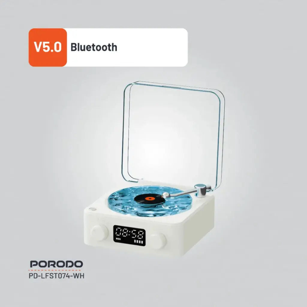 Porodo Lifestyle White Noise Portable Speaker with Clock Display, Ambient Light, Bluetooth 5.0, White