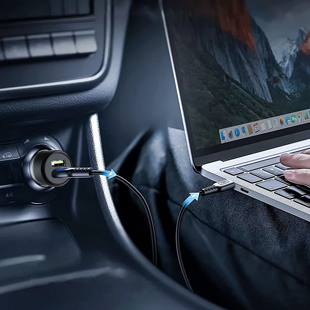 Pawa Solid Car Charger Dual Port PD+QC 51W With USB-C To Lightning Cable, Black