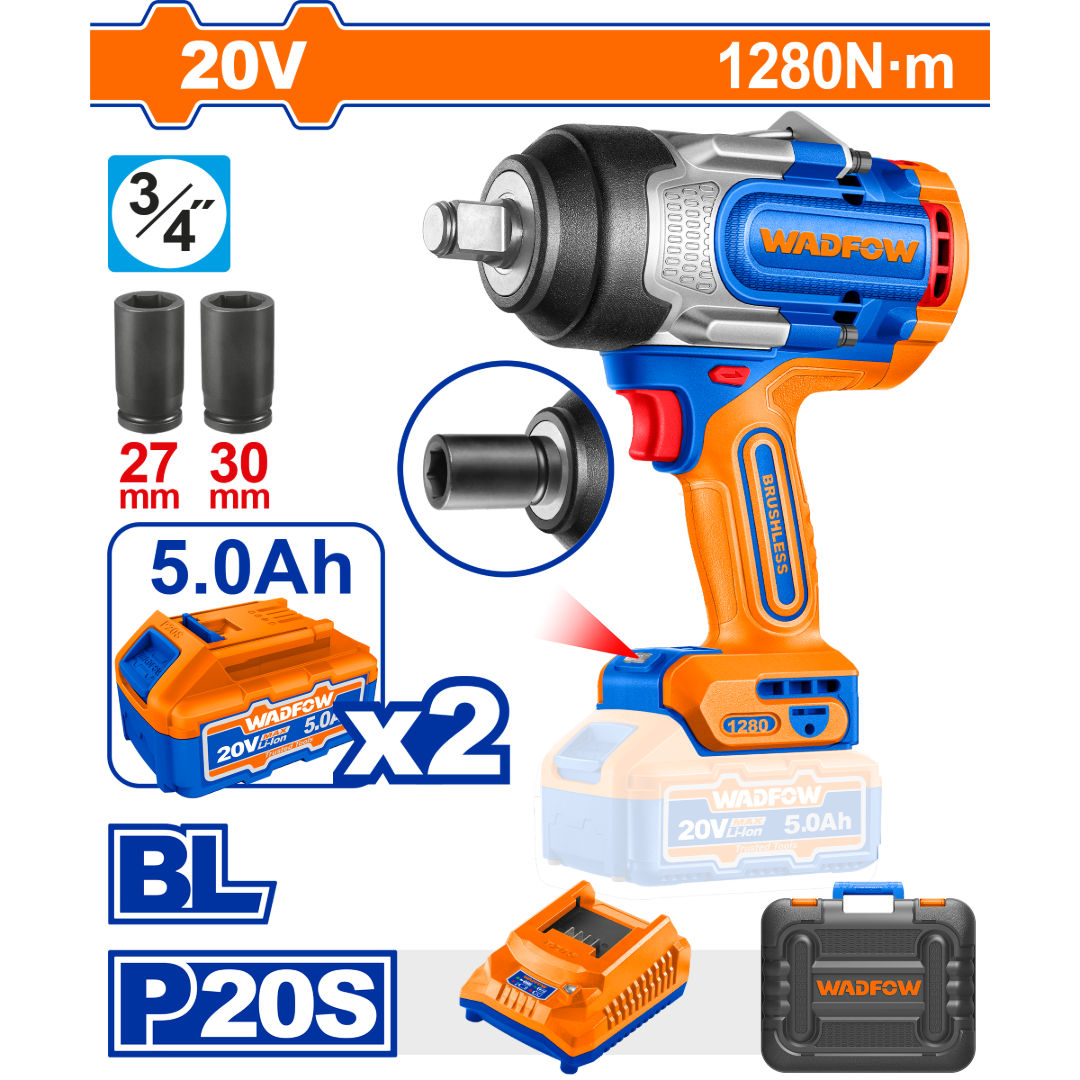 WADFOW 20V 3/4″ Brushless Impact Wrench Kit, 1280Nm, Charger & 27/30mm