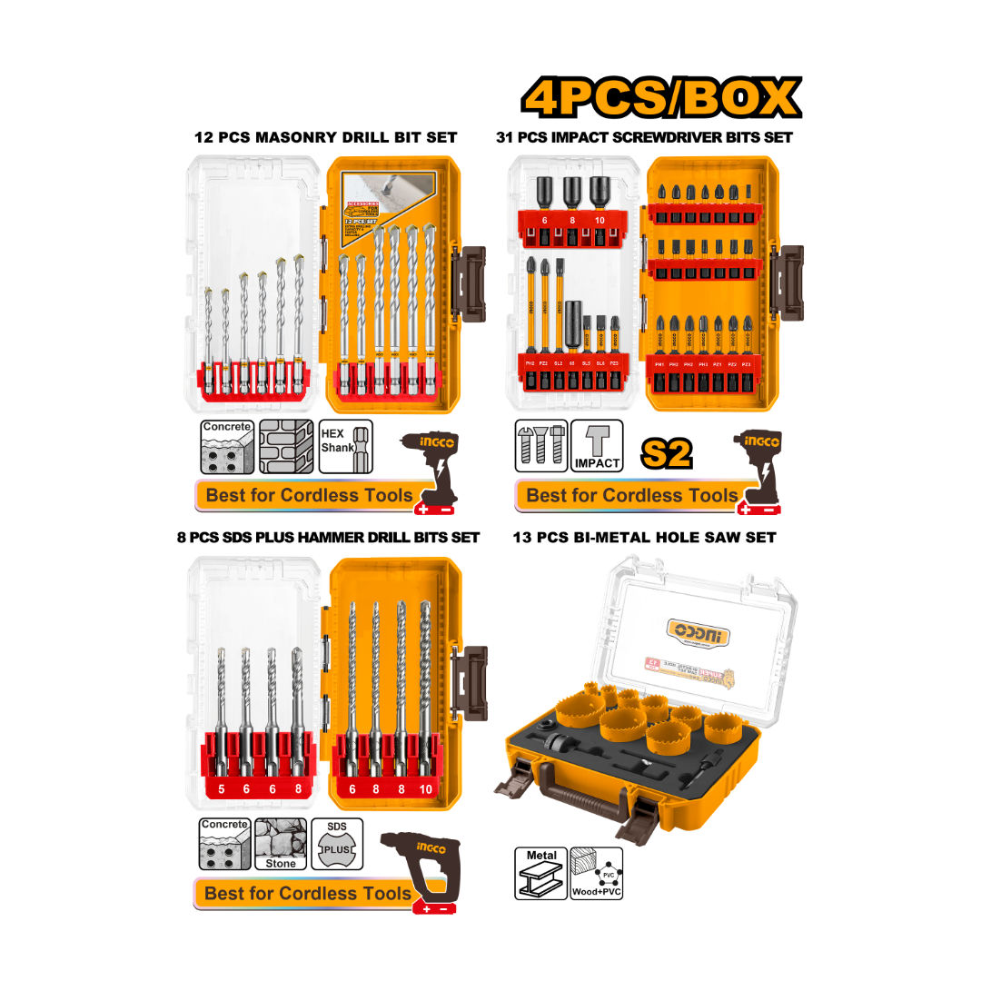 INGCO Accessories Combo Set, Masonry & SDS Bits, Impact Driver Bits & Bi-Metal Hole Saws, 4-Box Kit