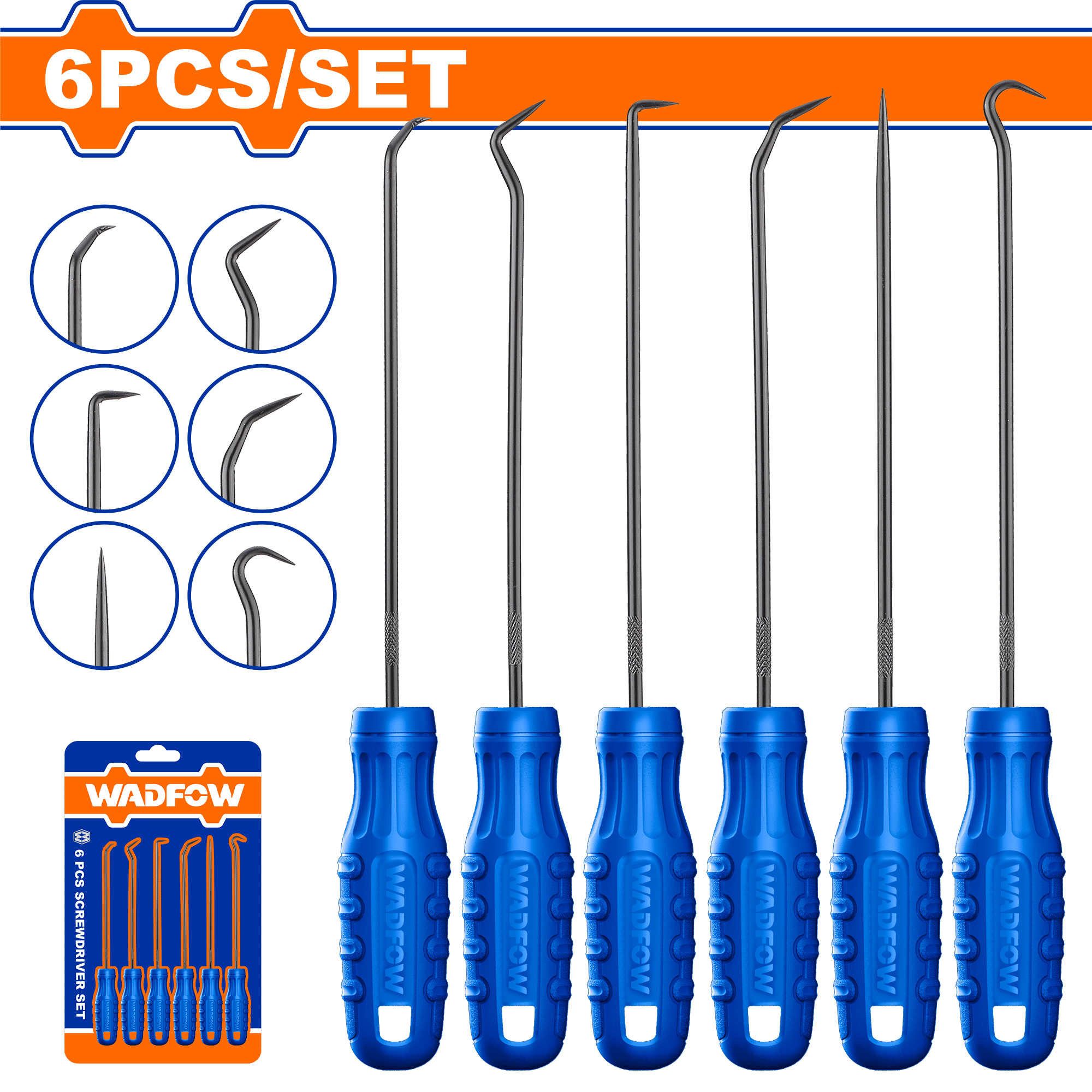 WADFOW 6-Pcs Pick & Hook Set, 150 mm, 45 Carbon Steel, Ergonomic PP Handles, Sliding Card