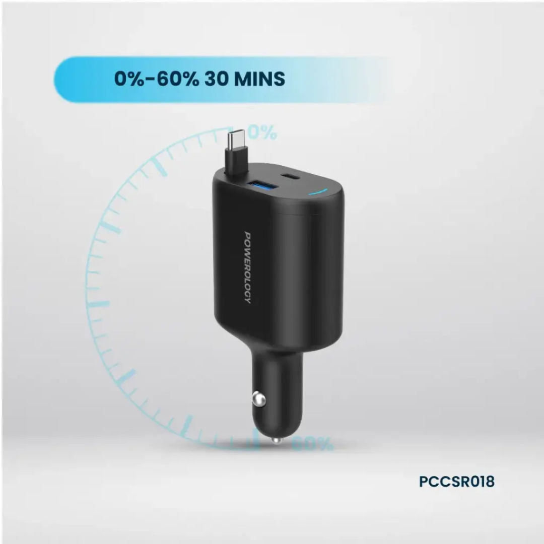 Powerology Type-C Retractable Car Charger 70W, Black