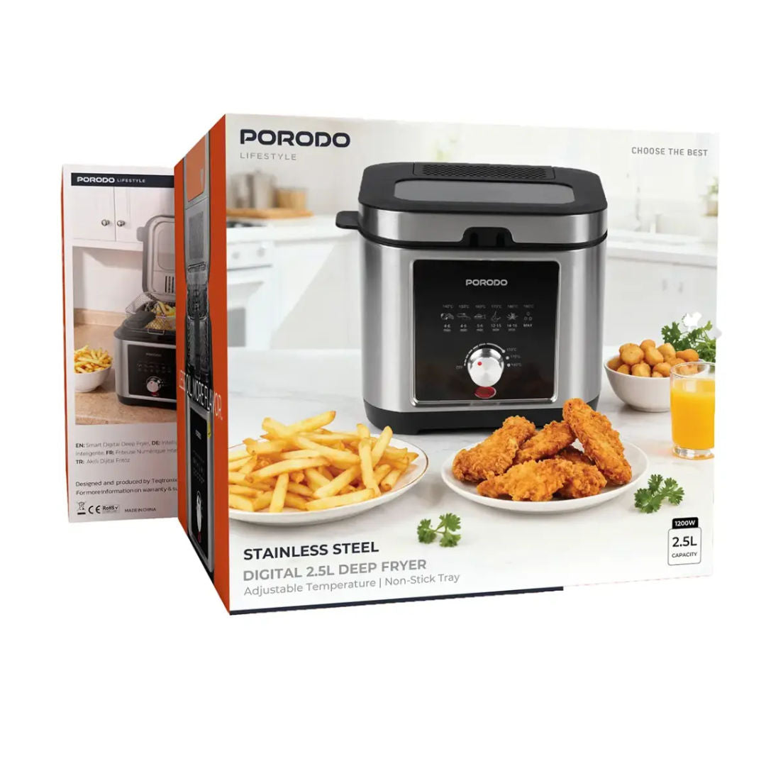 Porodo Lifestyle Stainless Steel 2.5L Deep Fryer with Adjustable Temperature & Non-Stick Tray, Silver