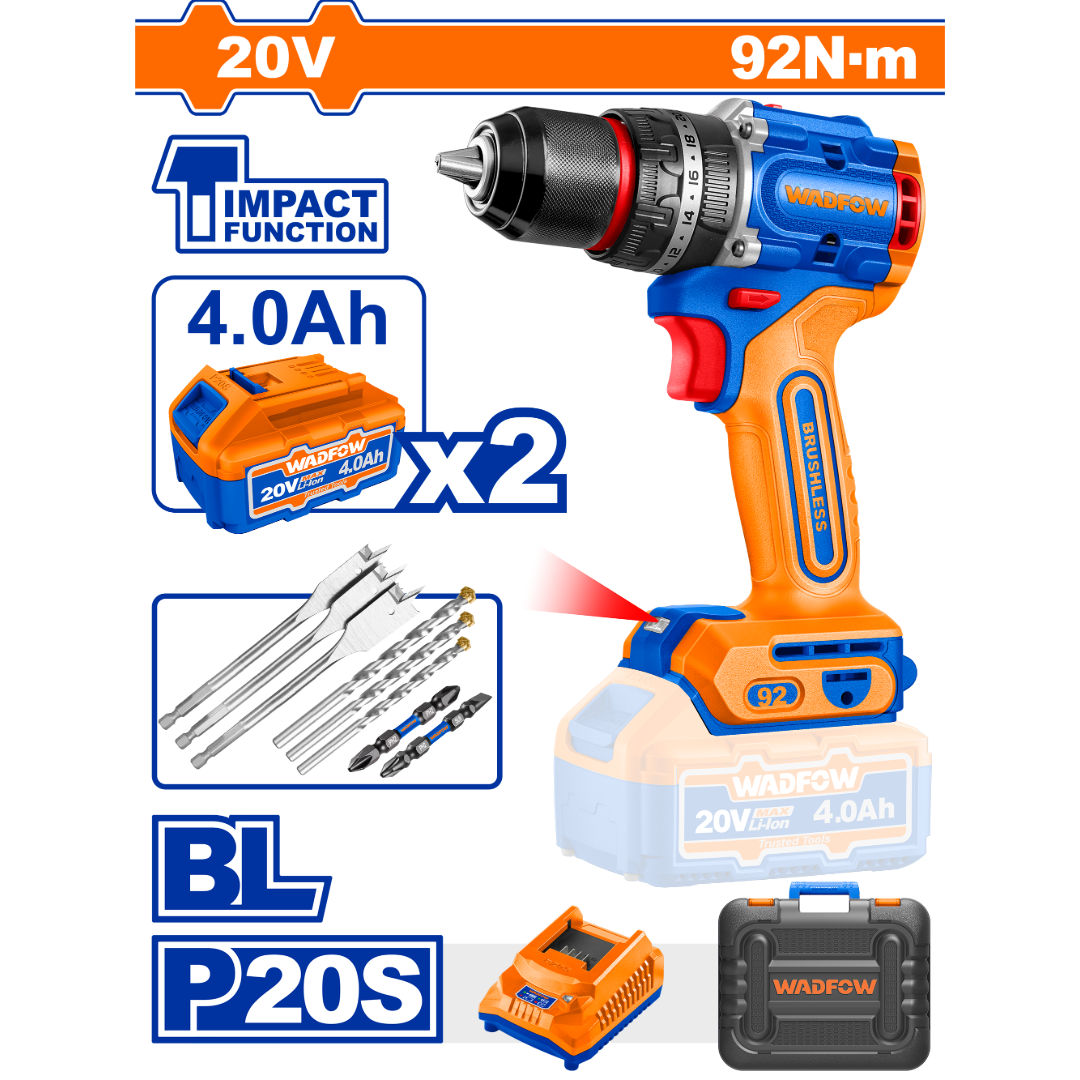 مثقاب صدمي لاسلكي بدون فرش من WADFOW، 20 فولت