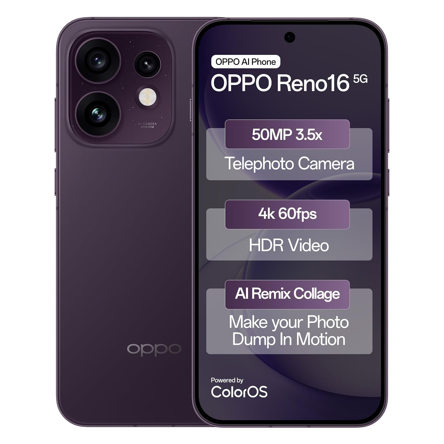 OPPO Reno16 5G Smartphone, 12GB RAM, 256GB Storage, 3D Design, 50MP 3.5X Telephoto Camera, 4K 60fps HDR Video, AI Remix Collage