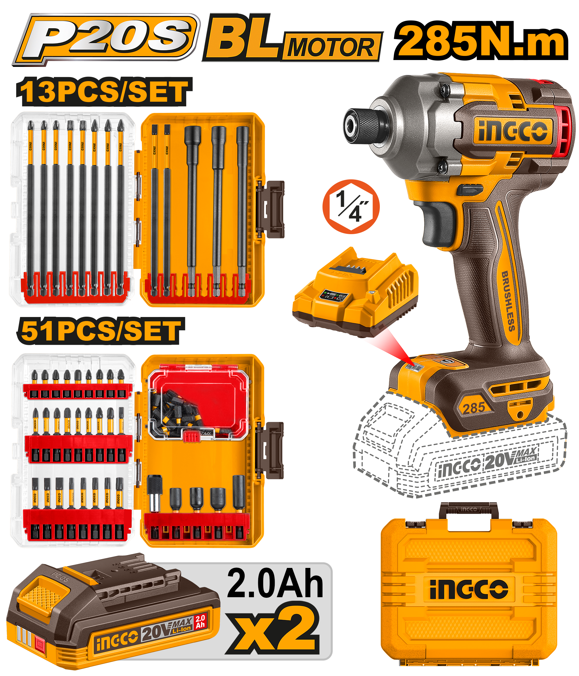 INGCO Cordless Impact Driver 20V 285Nm Brushless with Bit Set