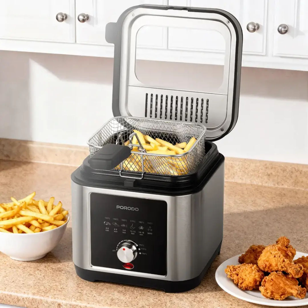 Porodo Lifestyle Stainless Steel 2.5L Deep Fryer with Adjustable Temperature & Non-Stick Tray, Silver