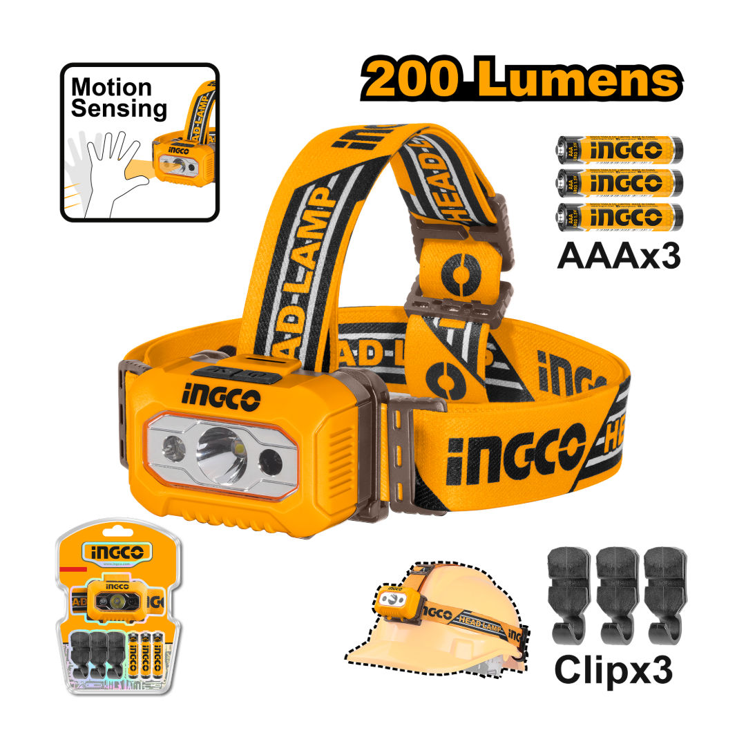 INGCO Headlamp 200 Lumens, 3xAAA Battery, 91m Beam
